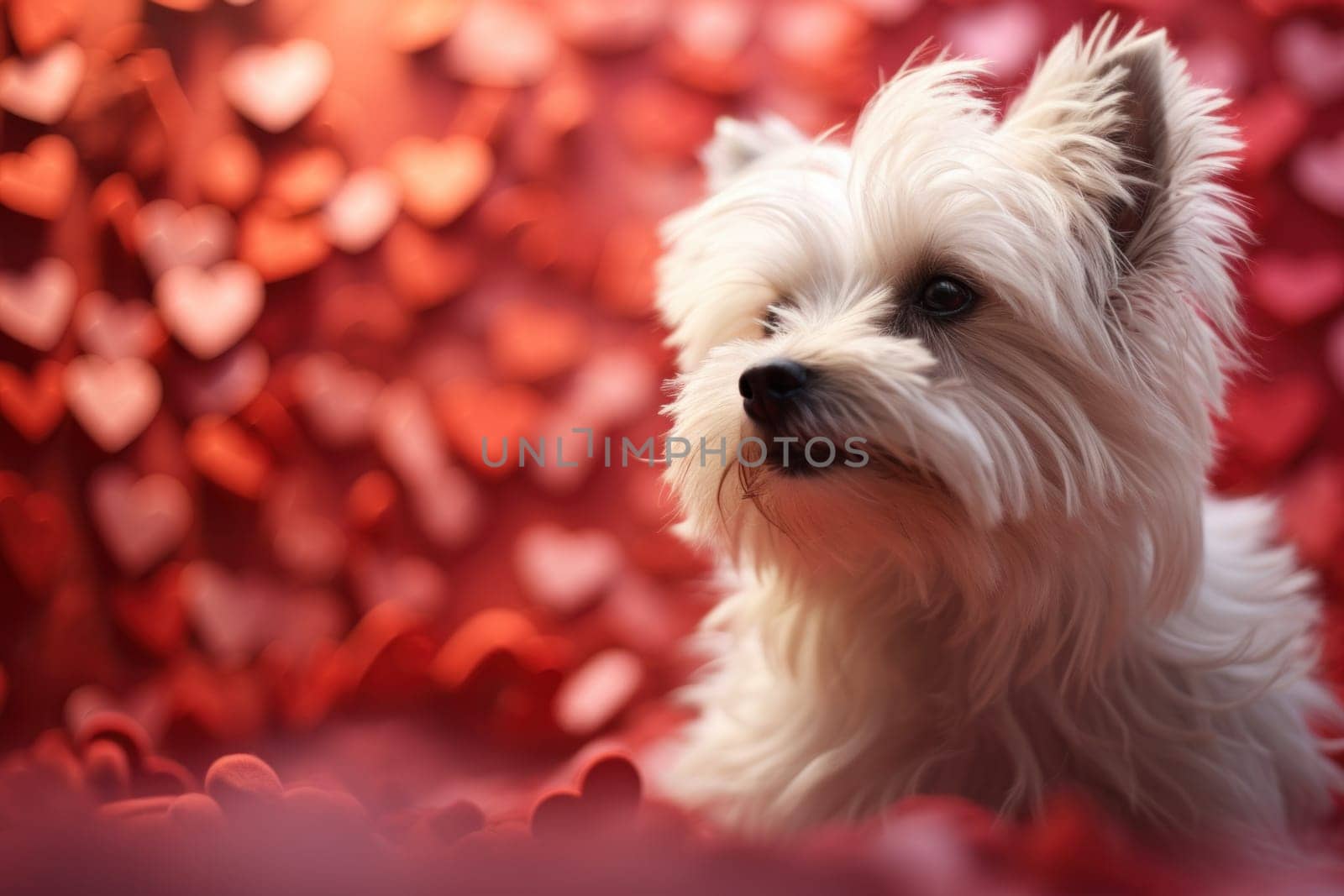 A small white dog sitting in front of a bunch of hearts
