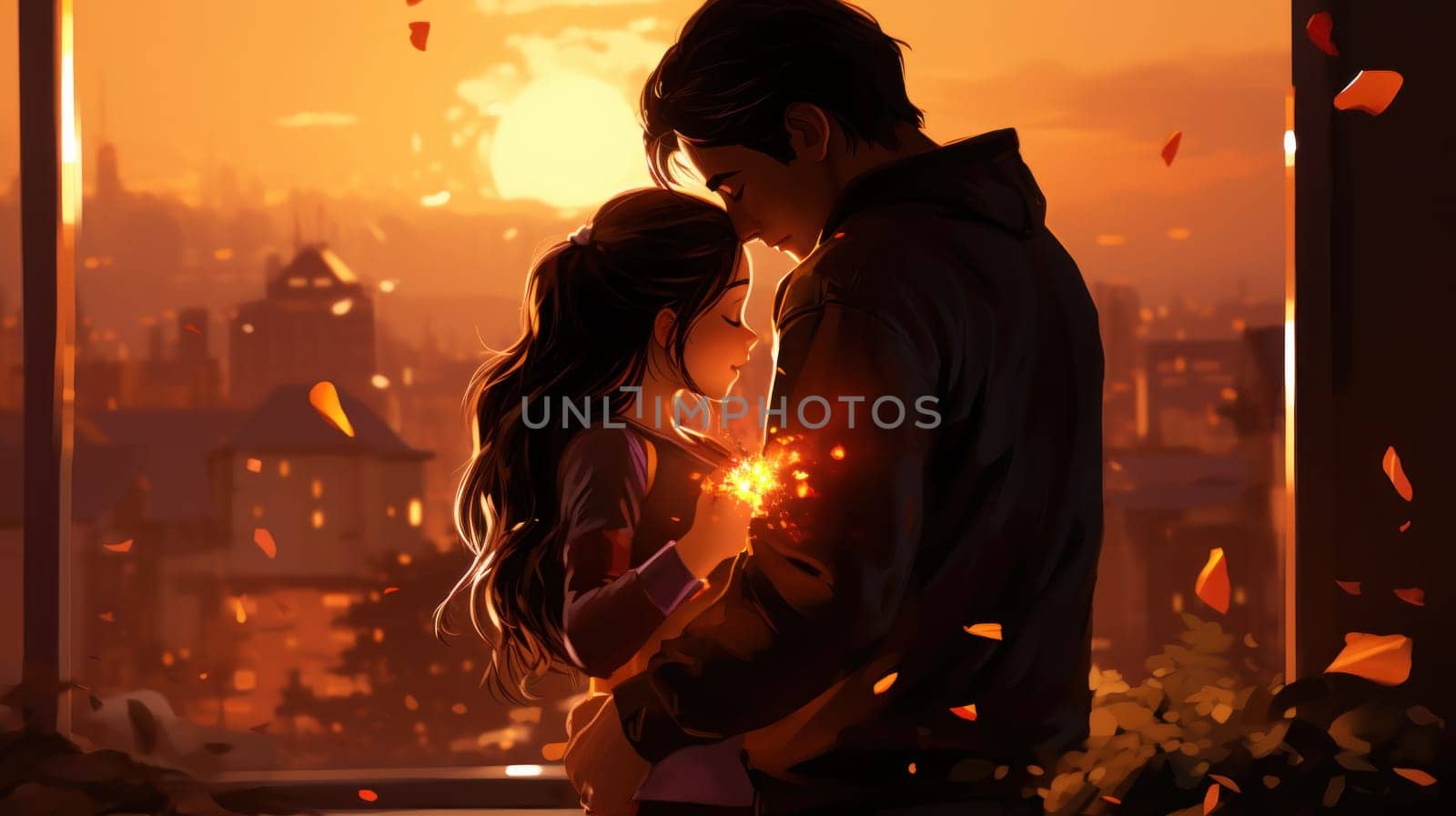 A man and woman hugging each other in front of a city