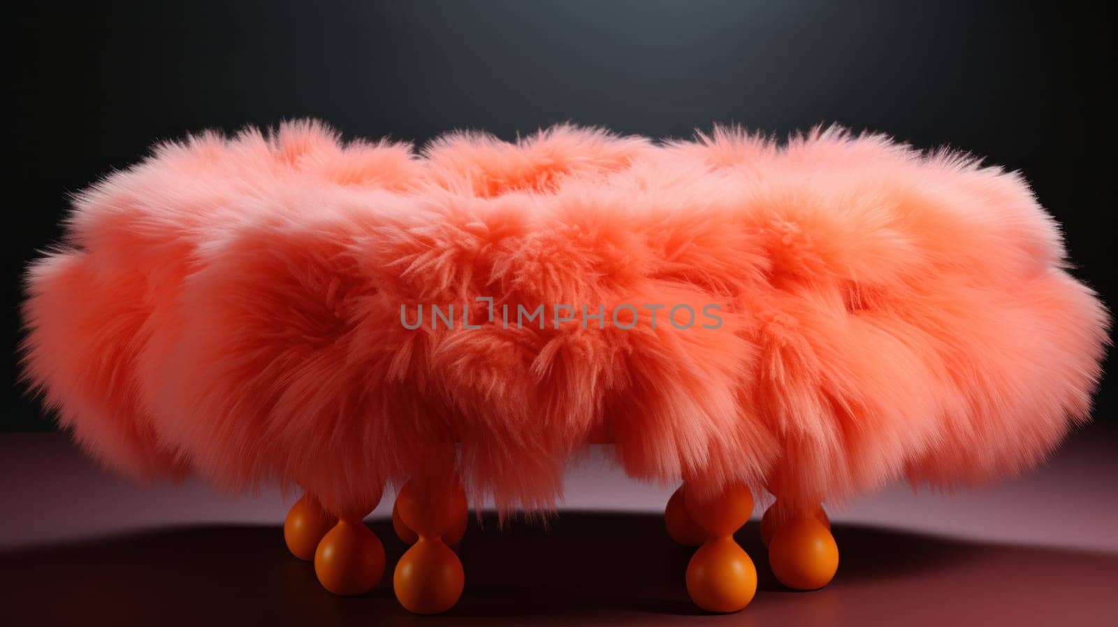 A large fluffy orange chair with wooden legs on a dark background, AI by starush