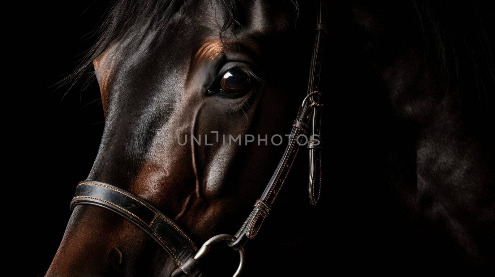 A close up of a horse with bridle and saddle on, AI by starush