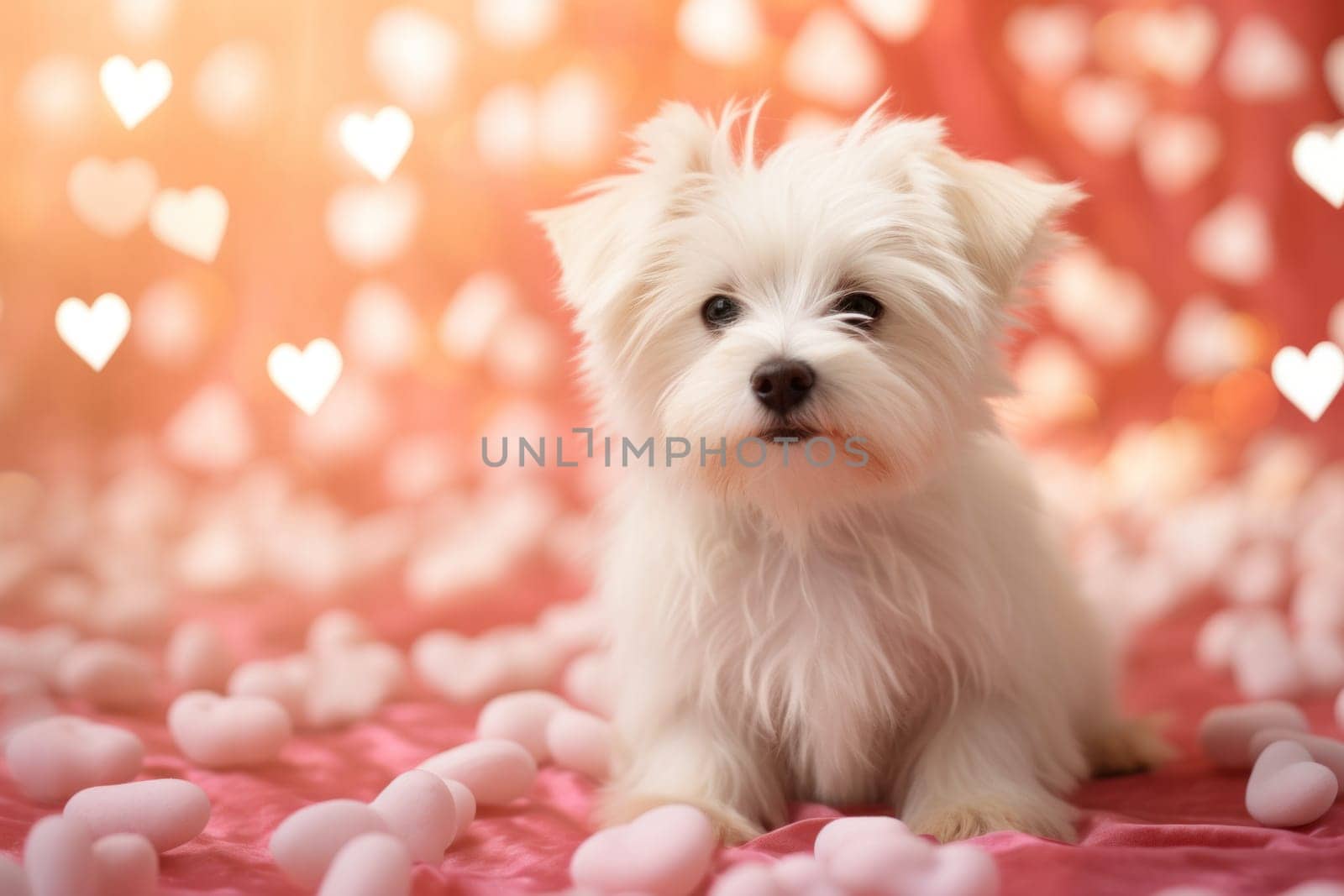 A small white dog sitting on a pink blanket surrounded by hearts