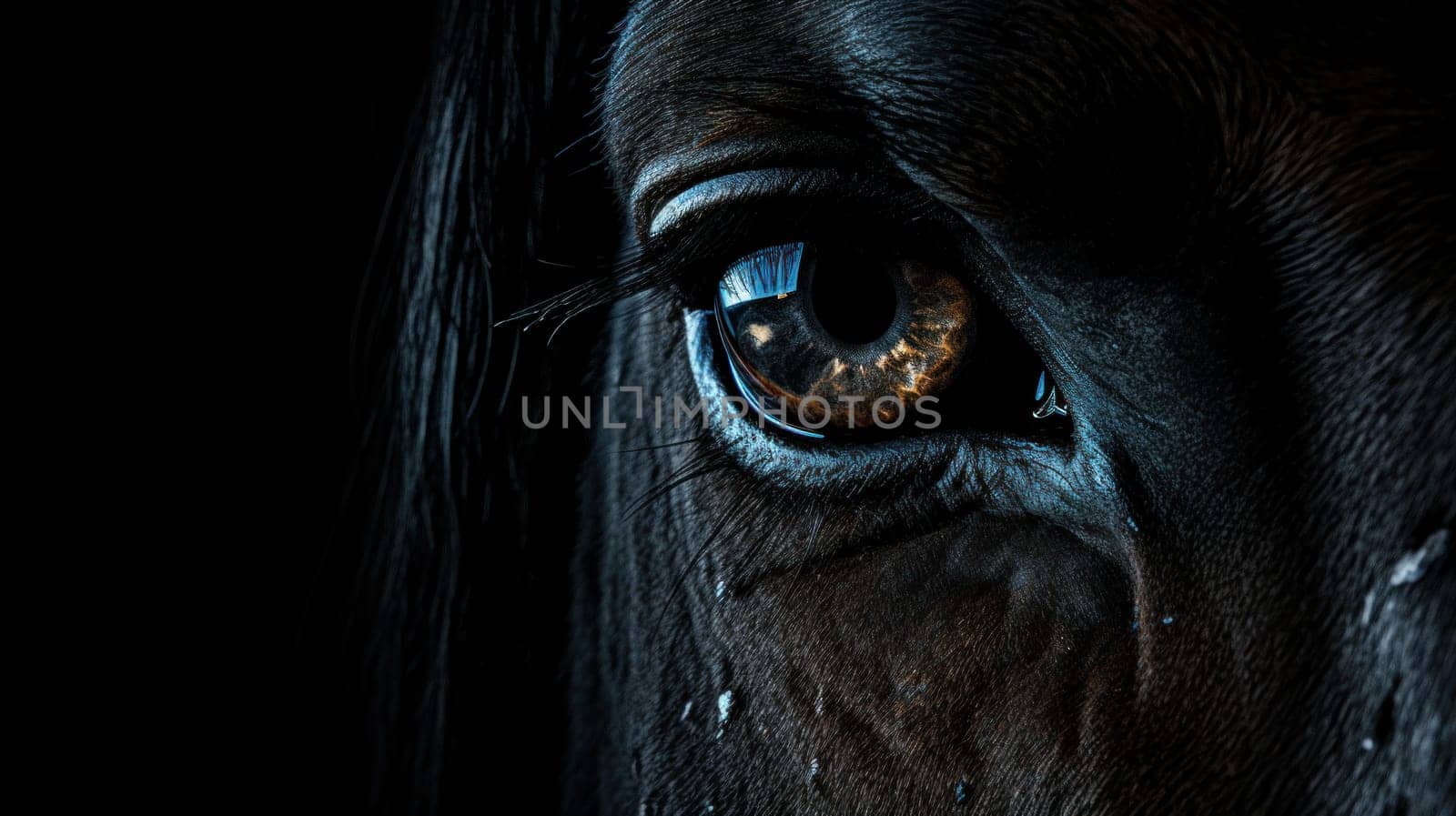 A close up of a horse's eye with the pupil dilated, AI by starush