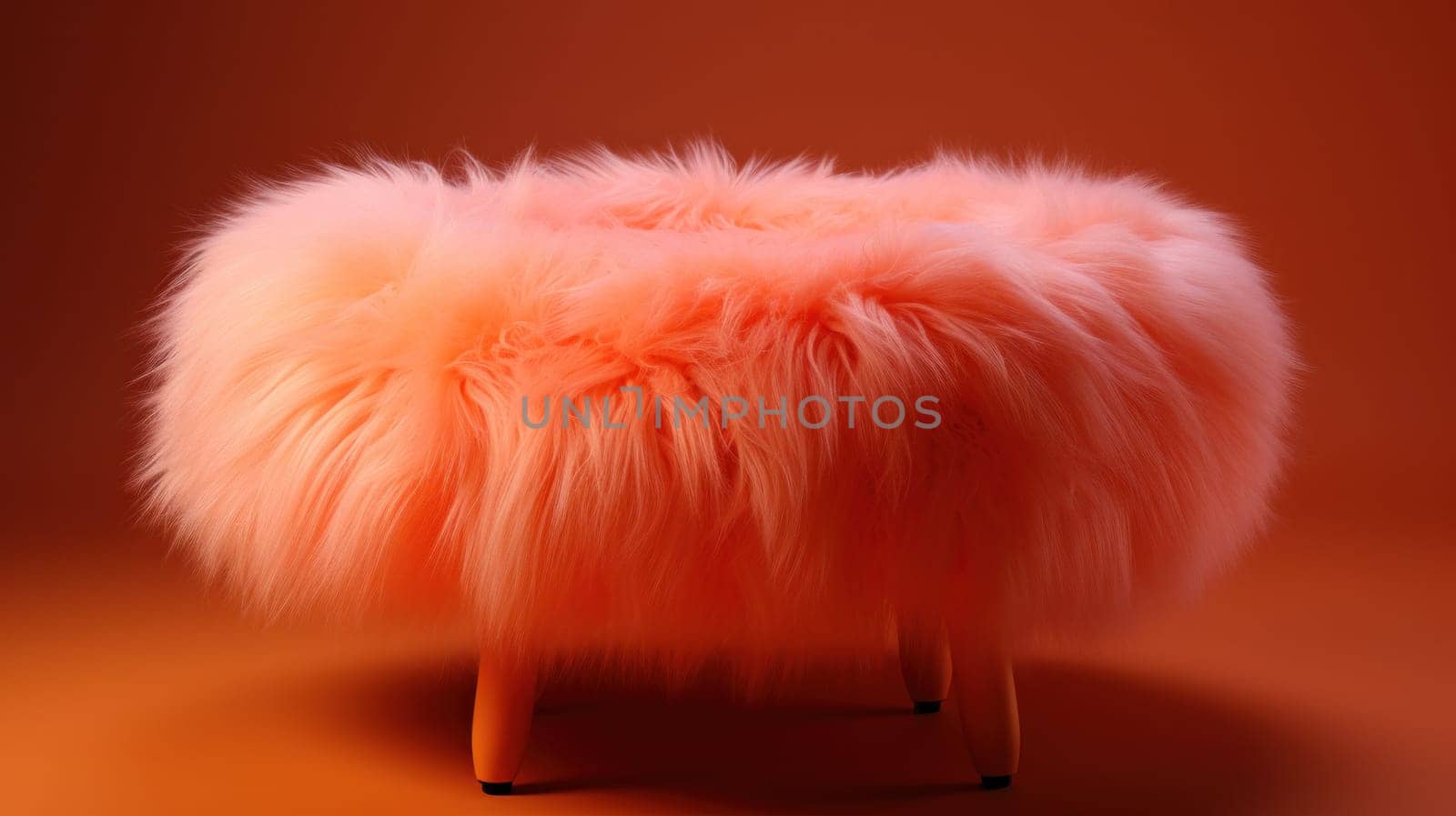 A fluffy peach fuzz chair with a round base and legs, AI by starush
