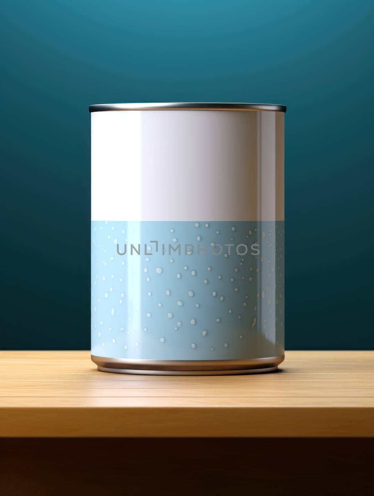 A can of a blue and white container sitting on top of the table, AI by starush