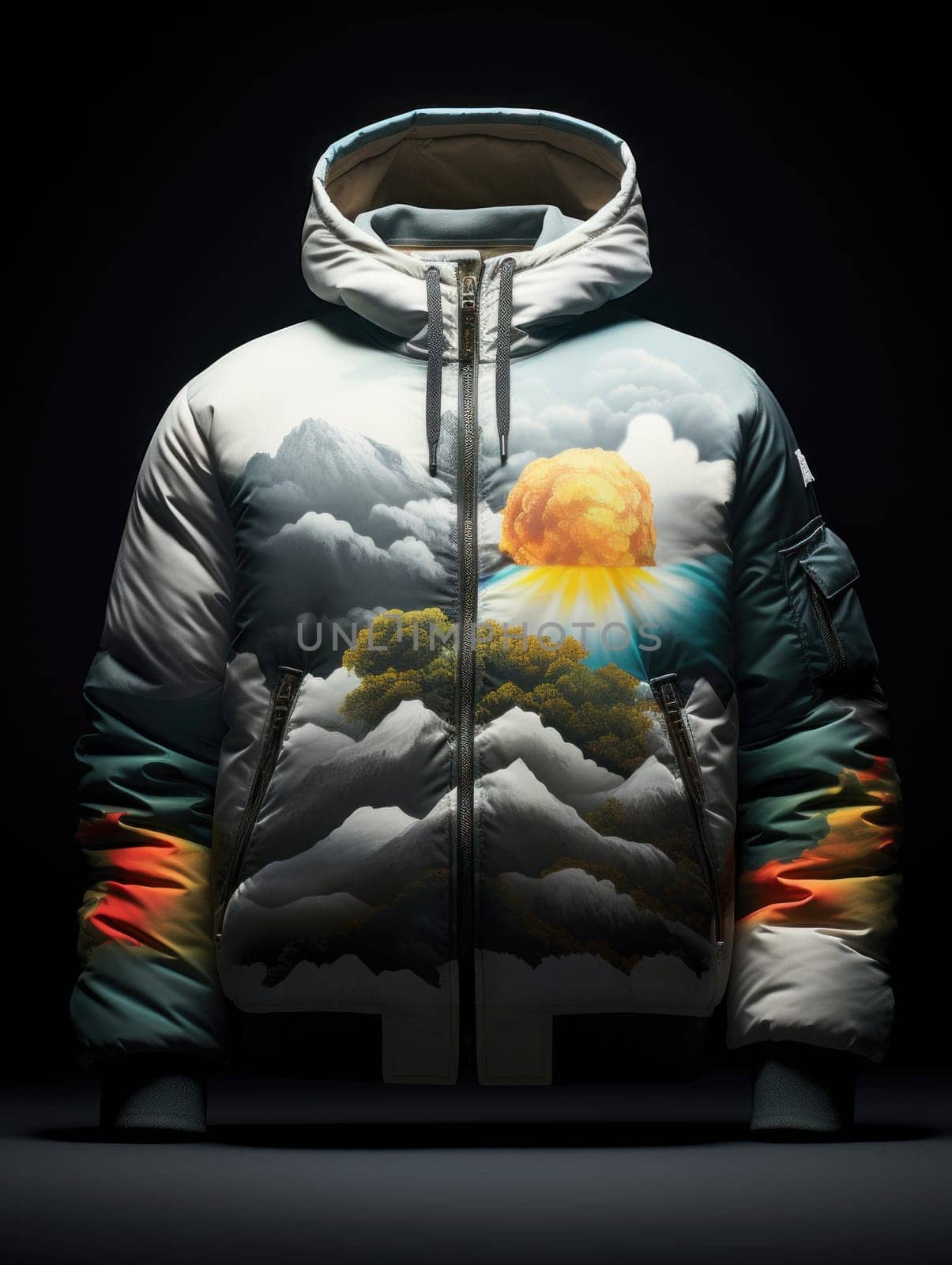 A jacket with a colorful sky and clouds on it