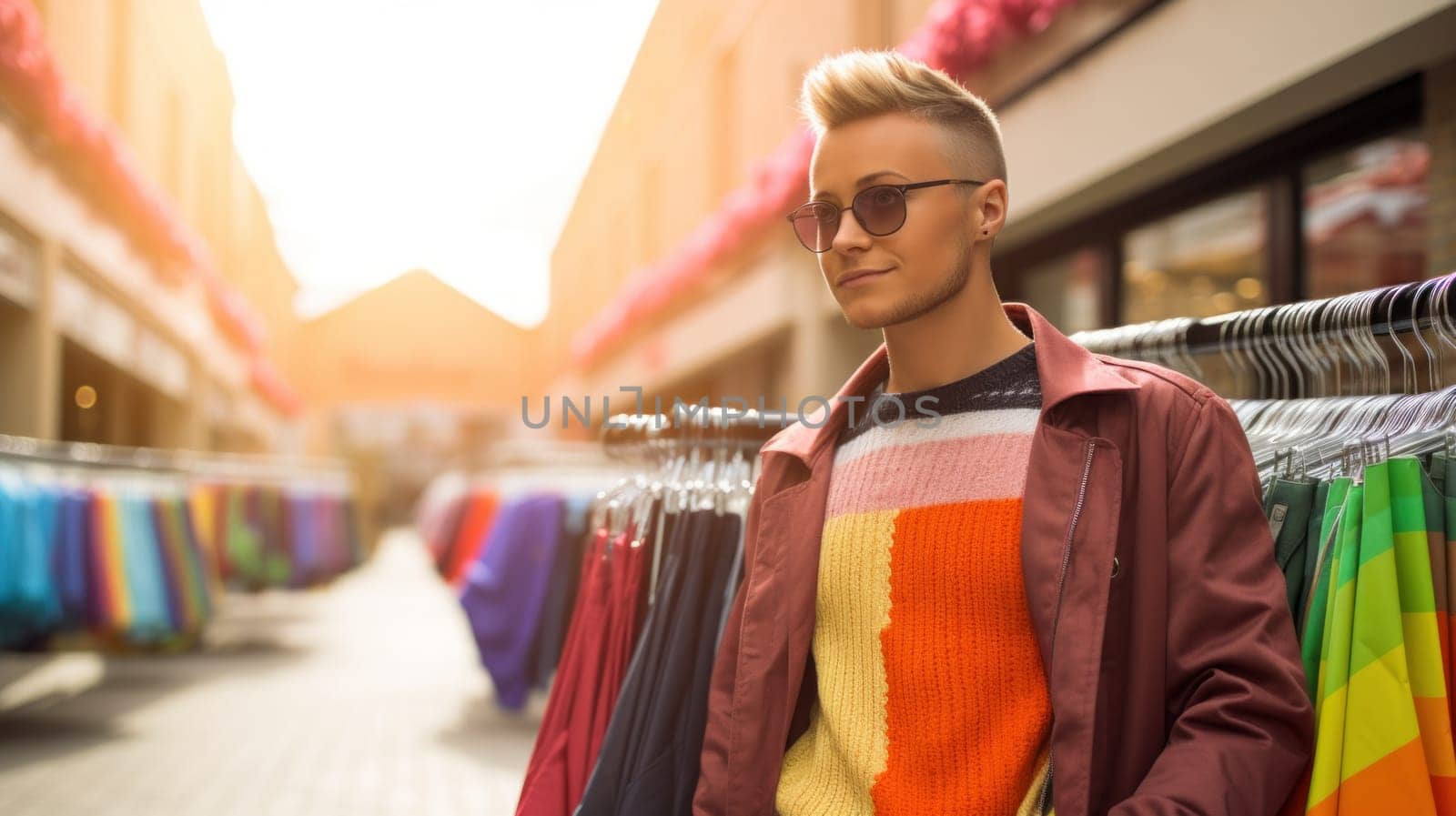 A man in a jacket and sunglasses standing next to racks of clothes