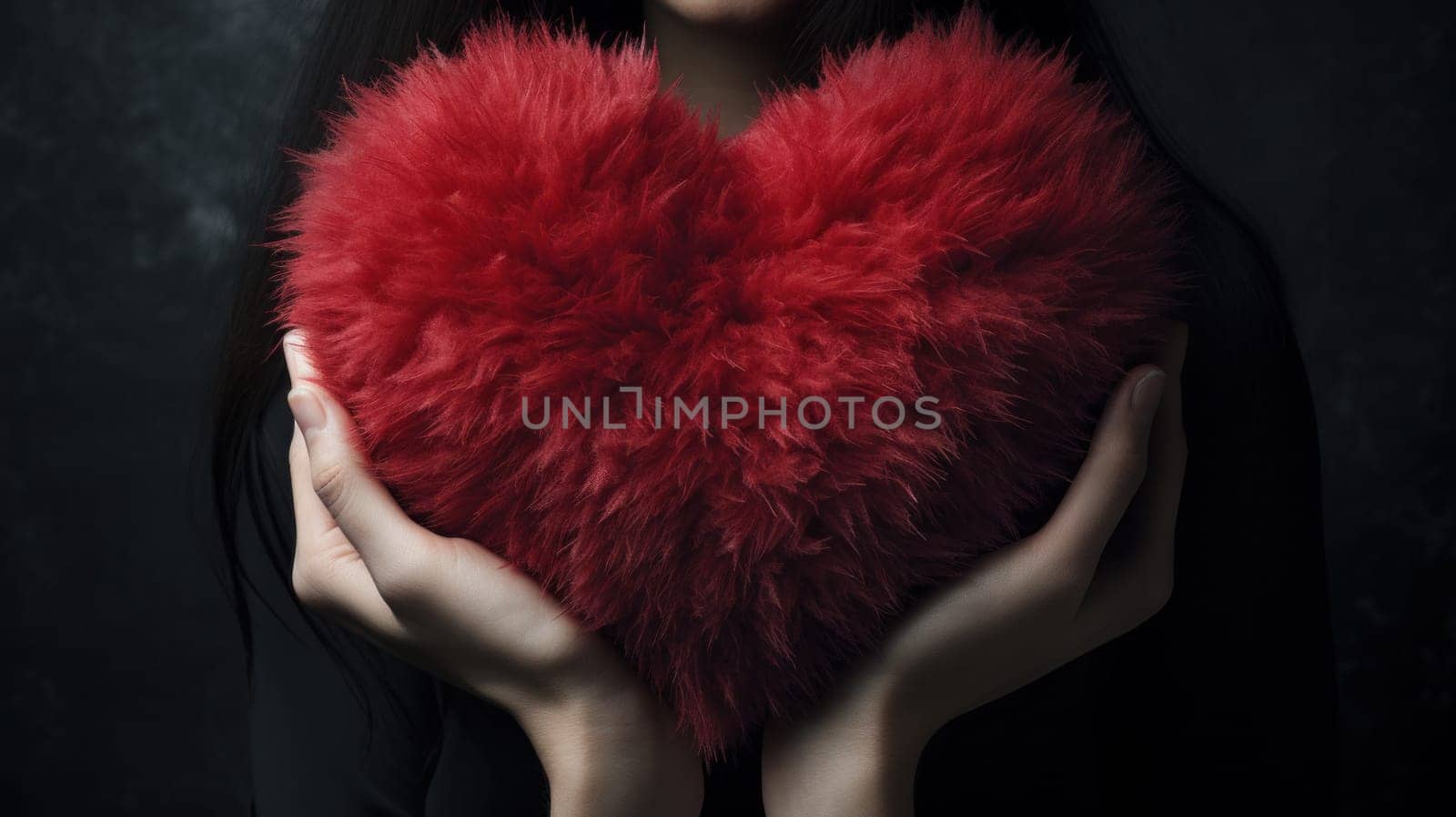 A woman holding a large red heart shaped fur in her hands