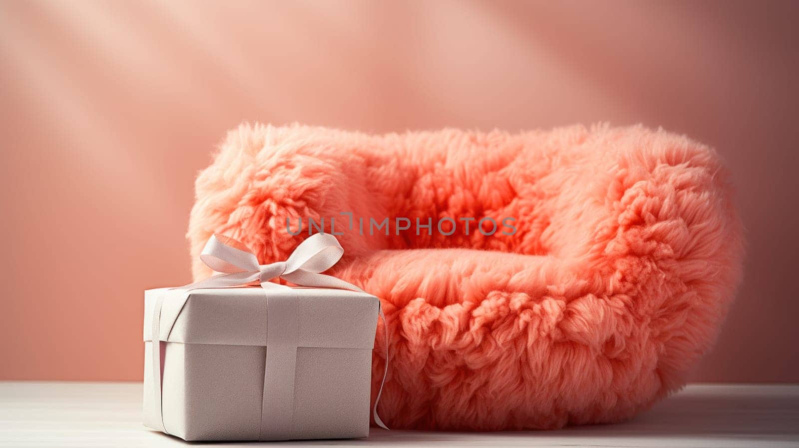 A gift wrapped in a white bow sits on top of an orange chair