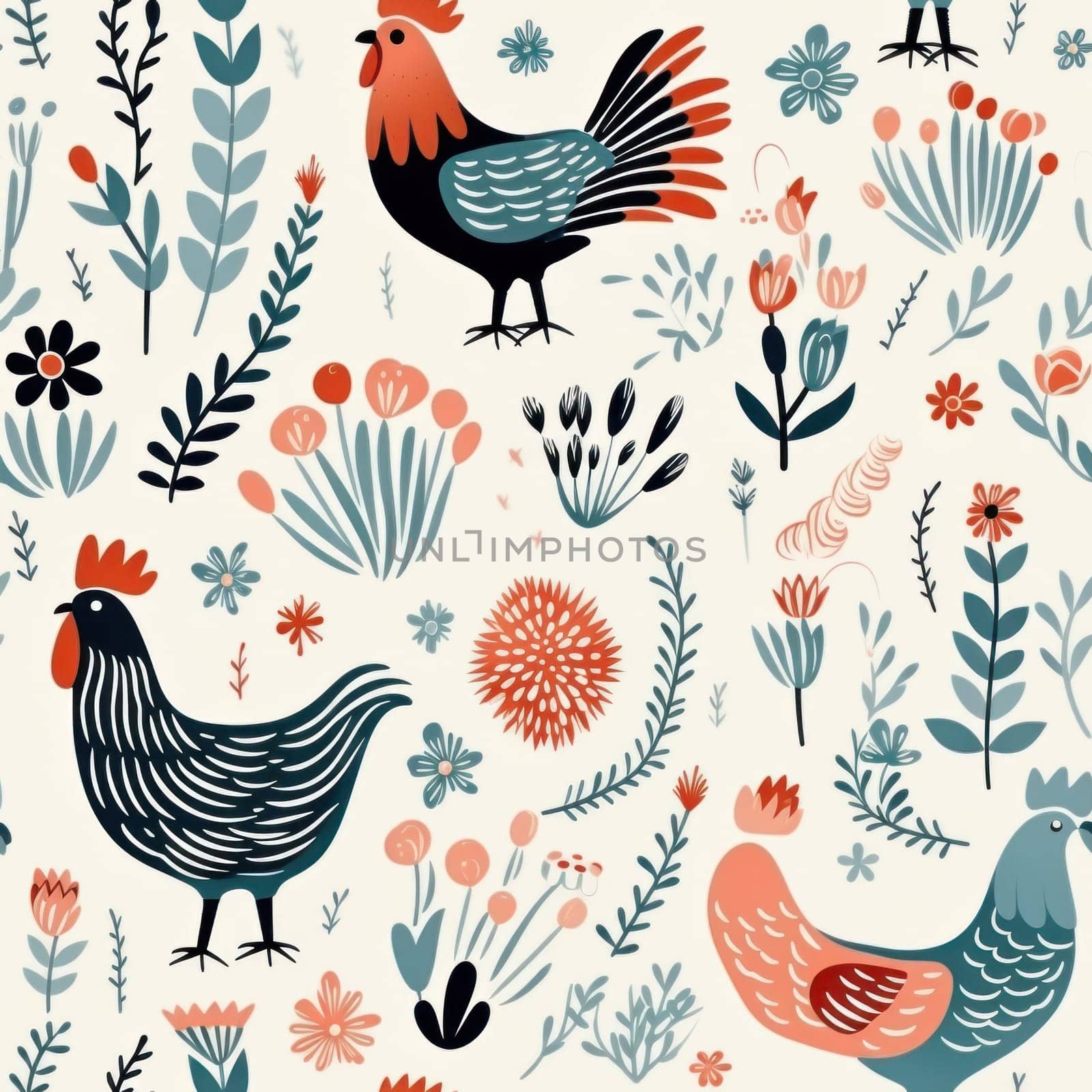 A pattern with chickens and flowers on a white background, AI by starush