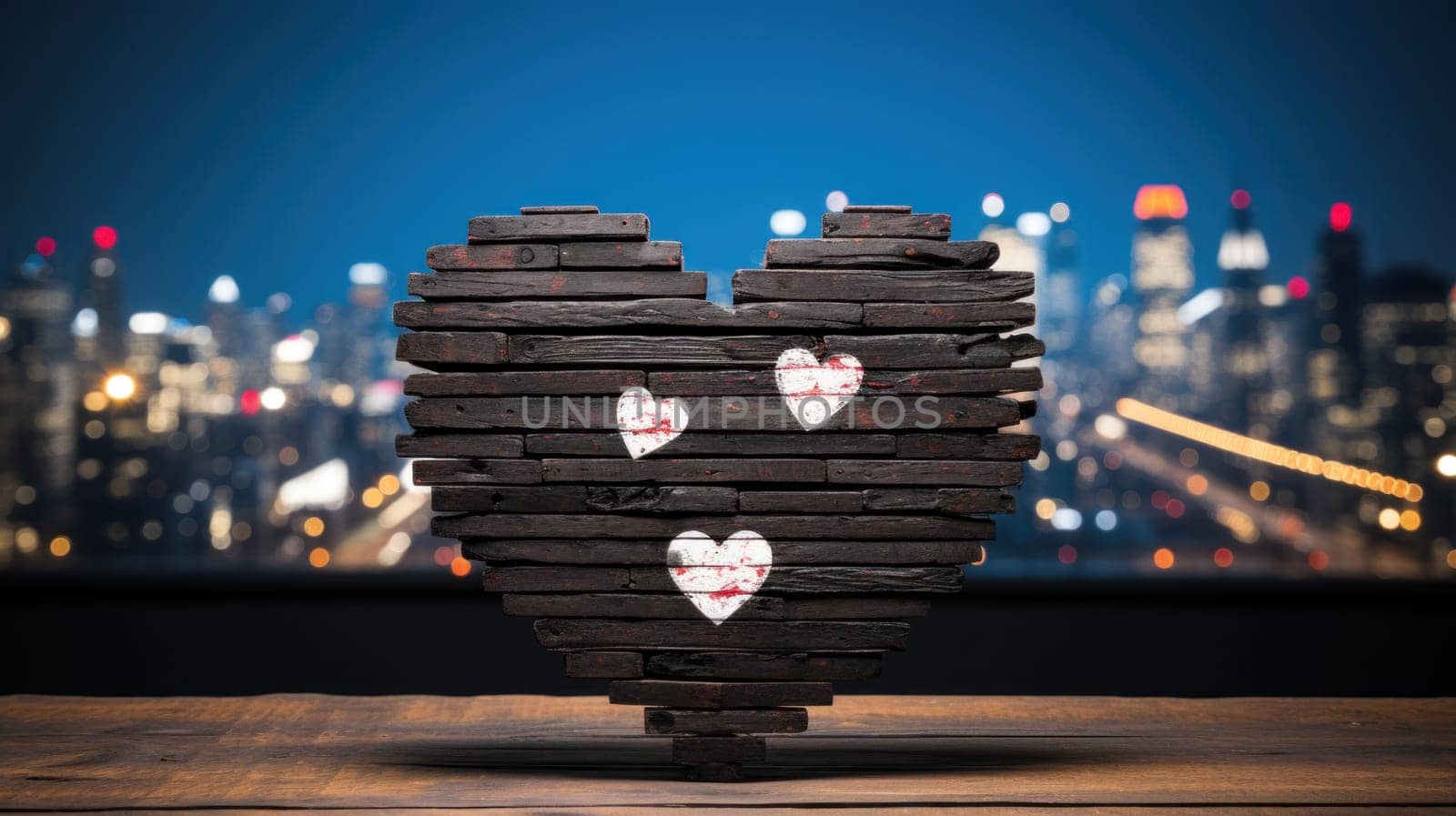 A heart shaped wooden block with a city skyline in the background