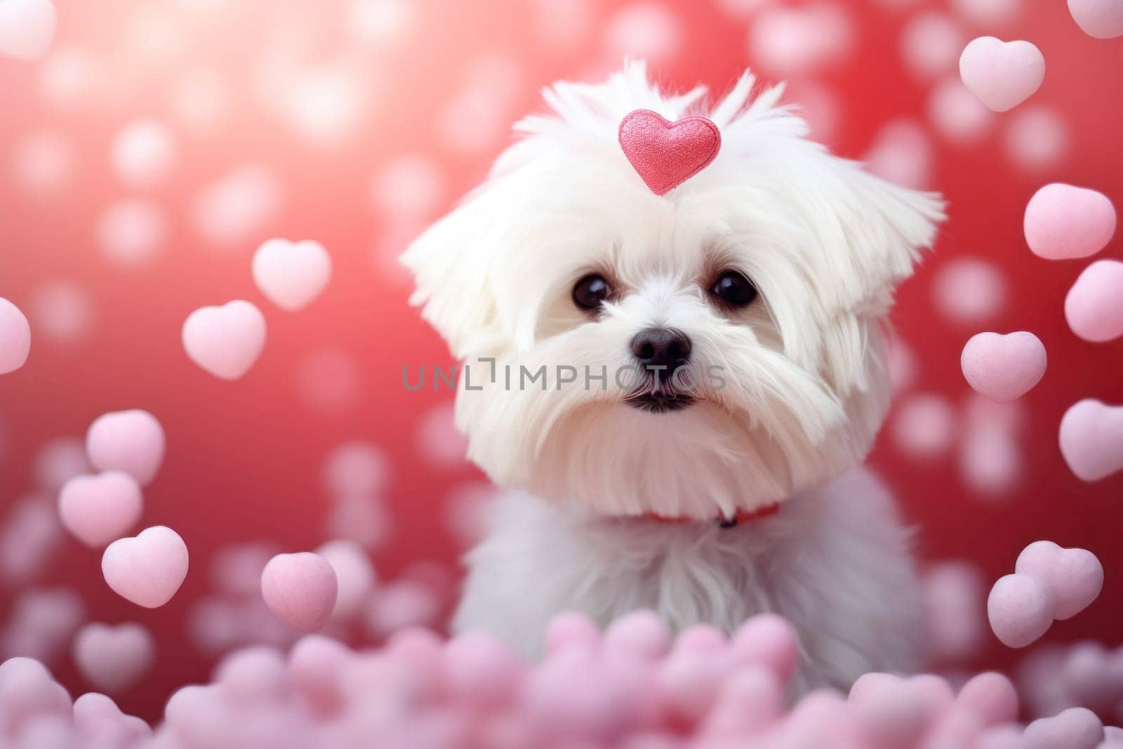 A small white dog with a heart on its head surrounded by hearts