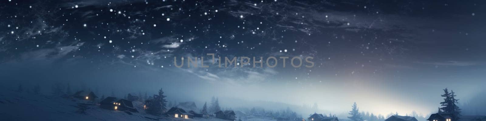 A snowy night scene with a village in the distance