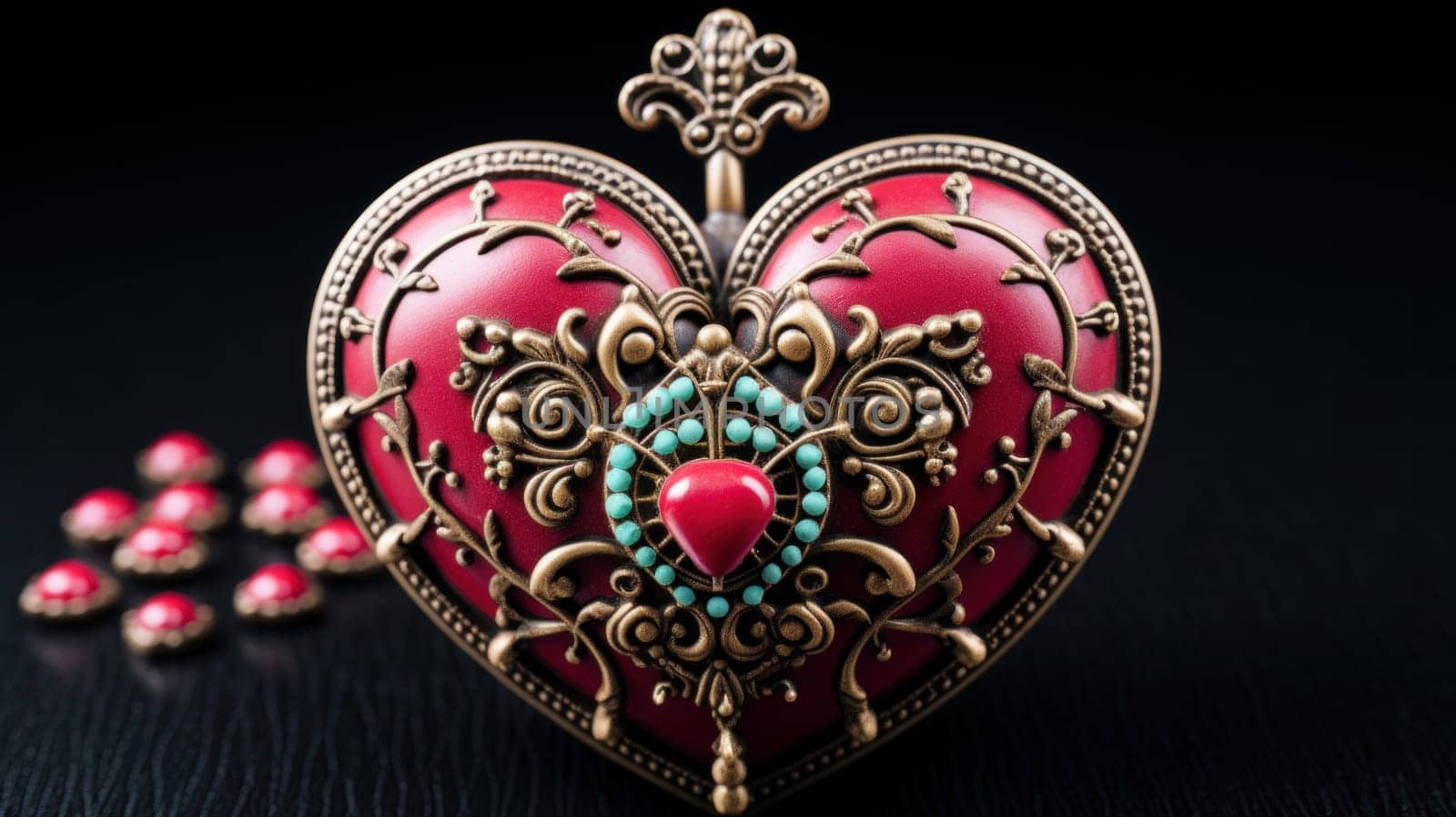 A red heart shaped box with turquoise stones on it