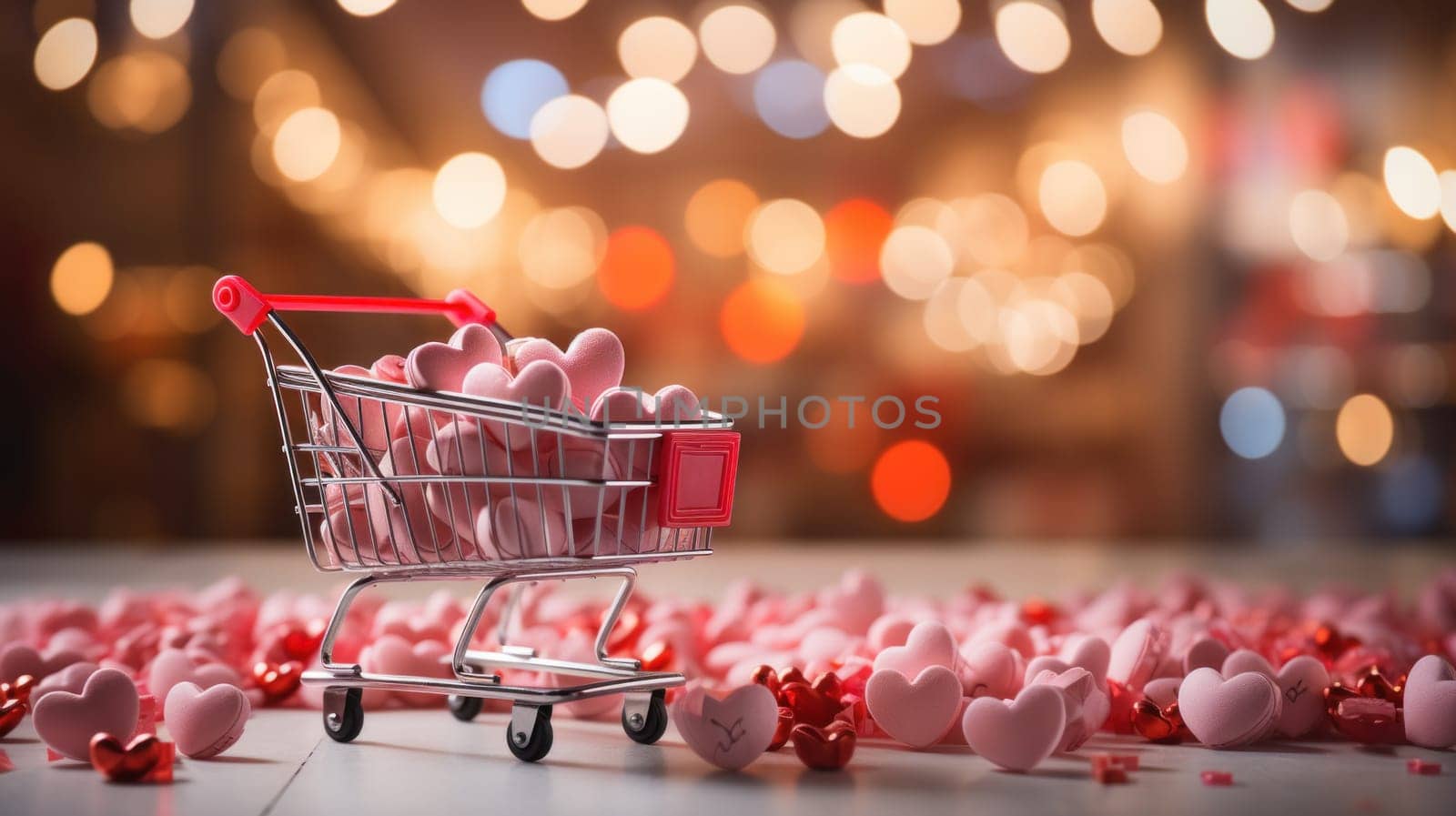 A shopping cart filled with hearts is sitting on a table