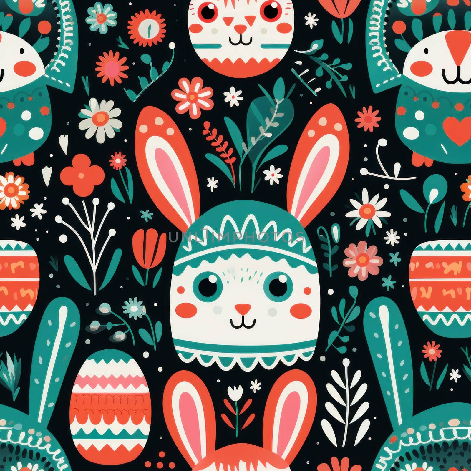 A pattern with cute bunny and flower designs on a black background, AI by starush