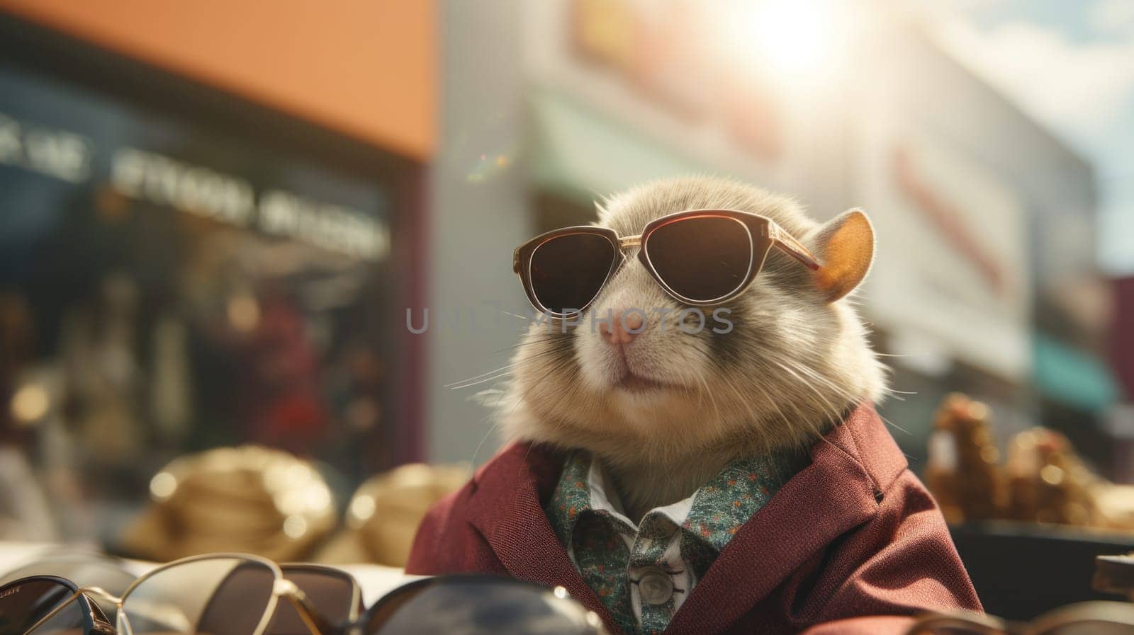 A hamster wearing a jacket and sunglasses sitting in front of some clothes