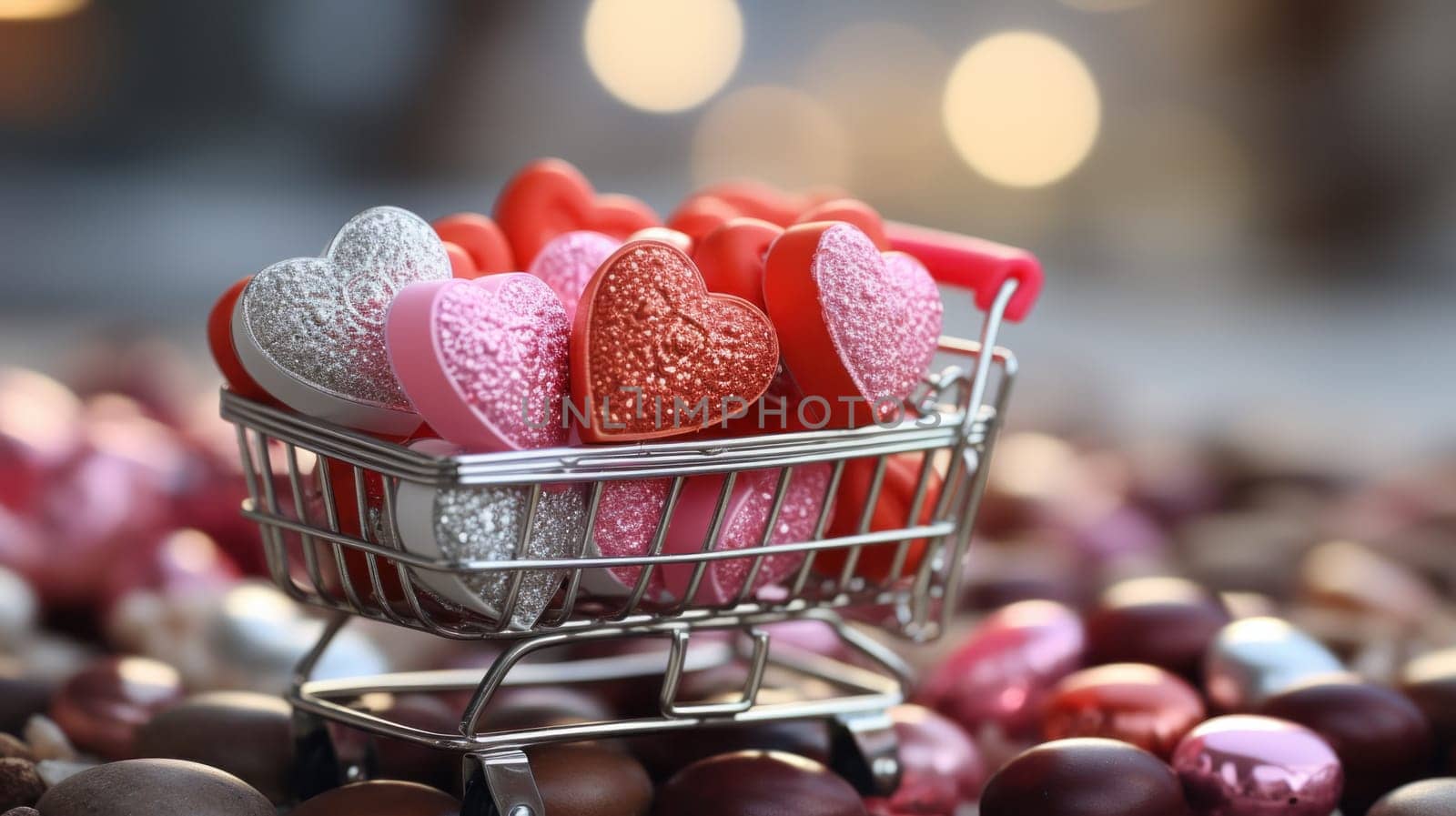 A small shopping cart filled with heart shaped candies and other items