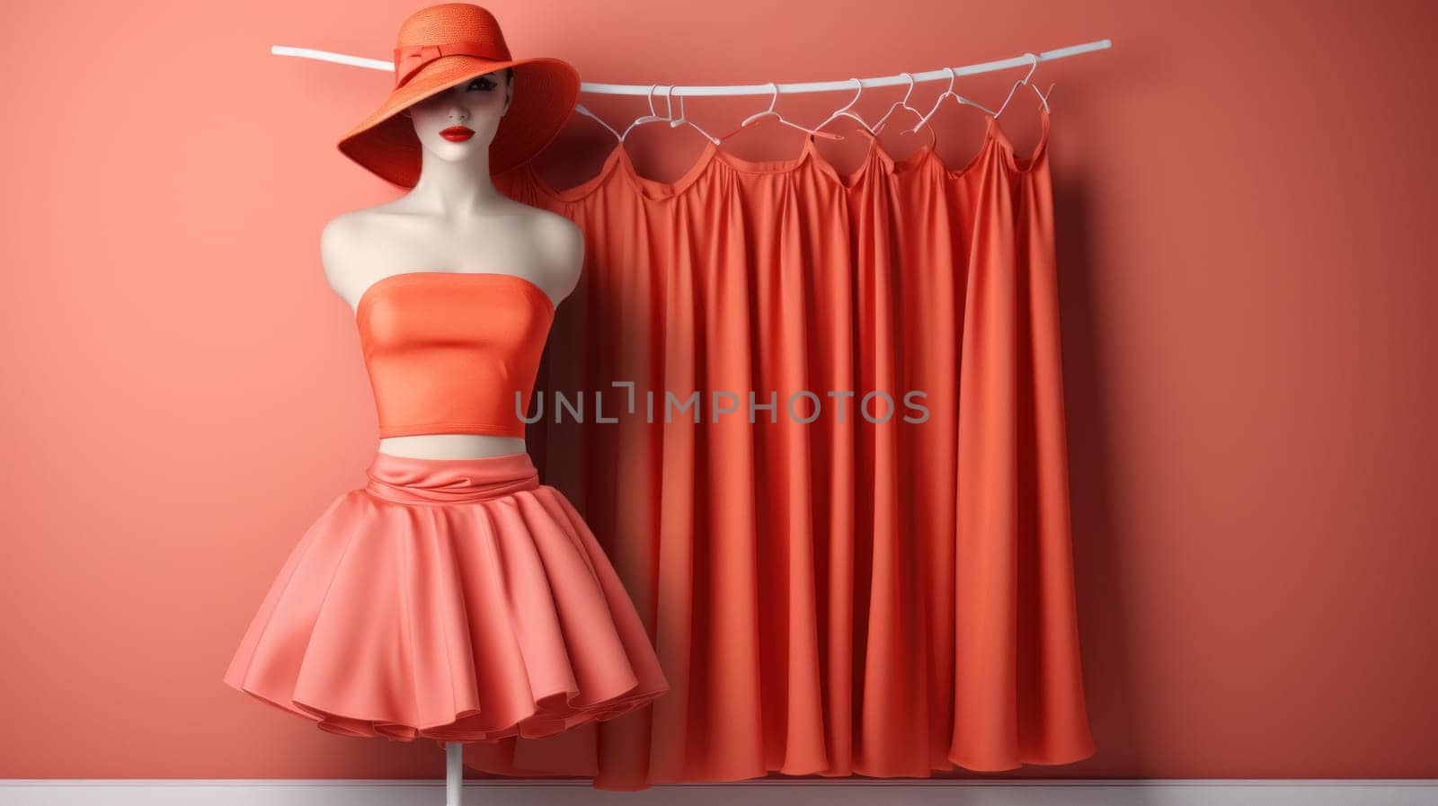 A mannequin wearing a hat and dress with orange skirts