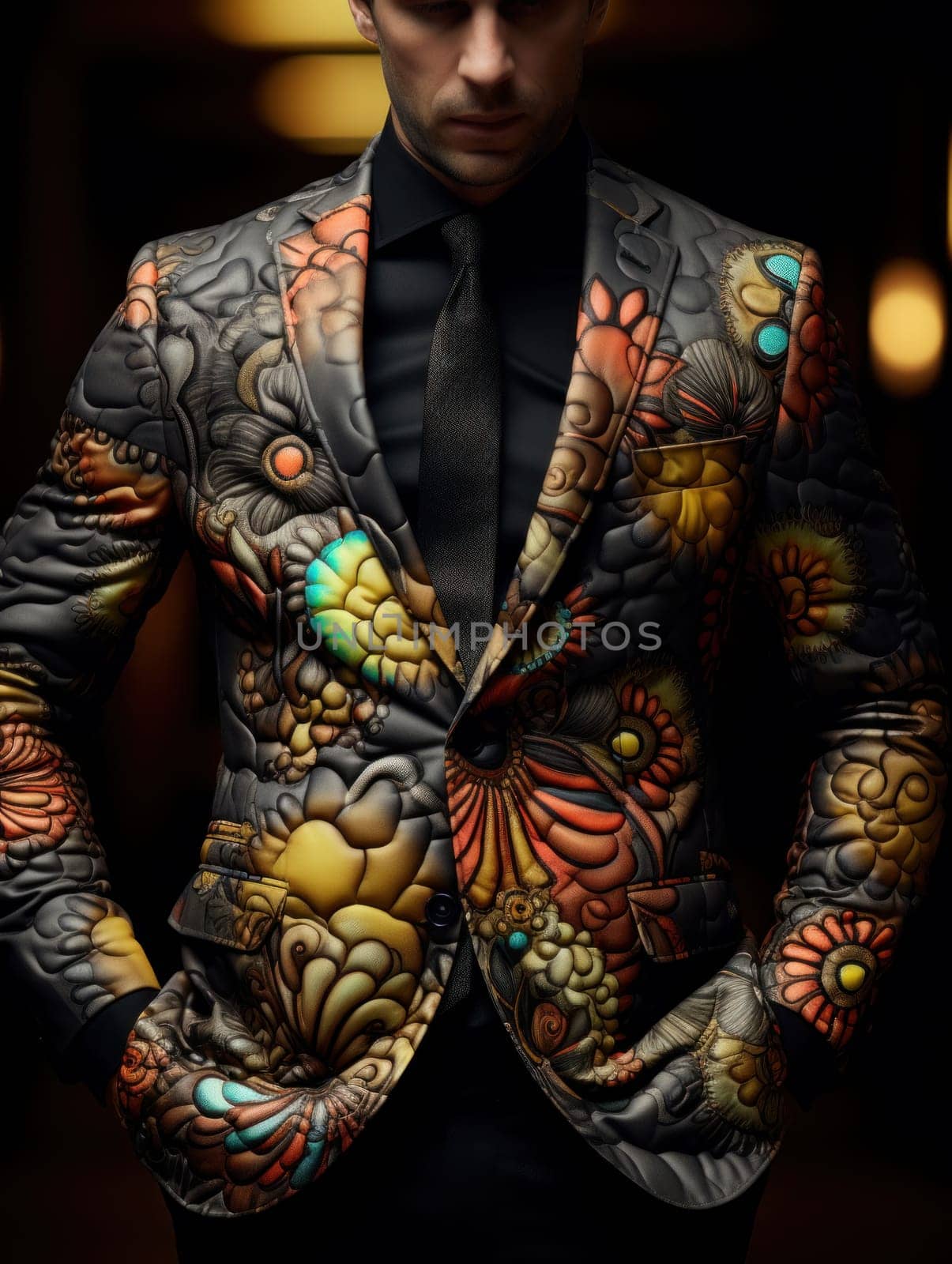 A man in a suit with flowers on it standing