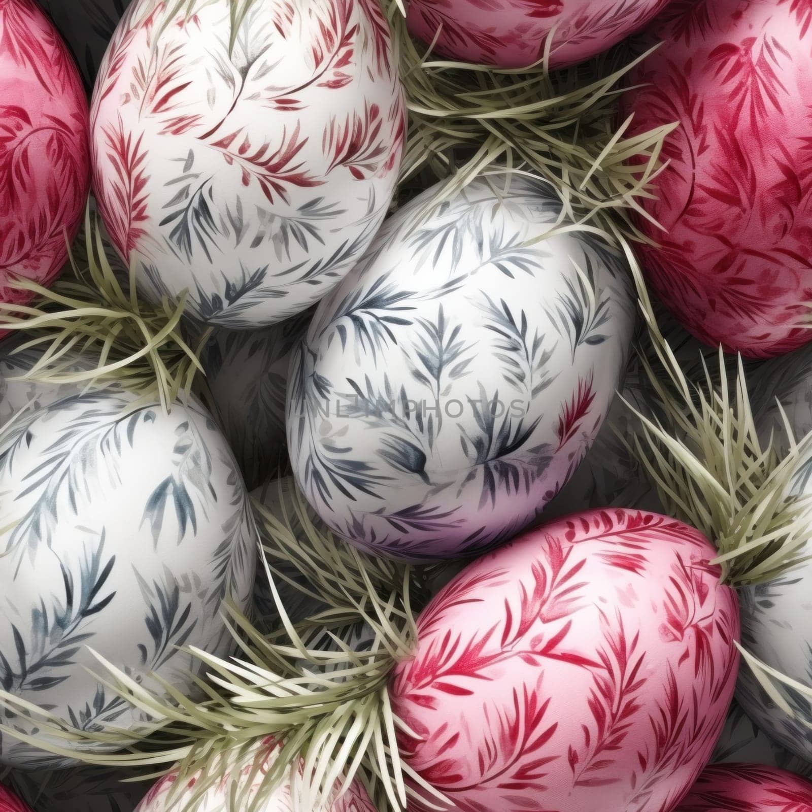 A close up of a bunch of painted eggs with green and white branches