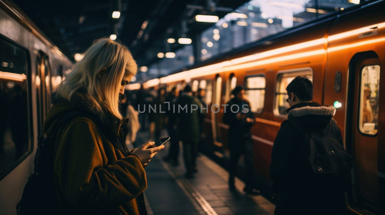 A woman standing next to a train while using her cell phone