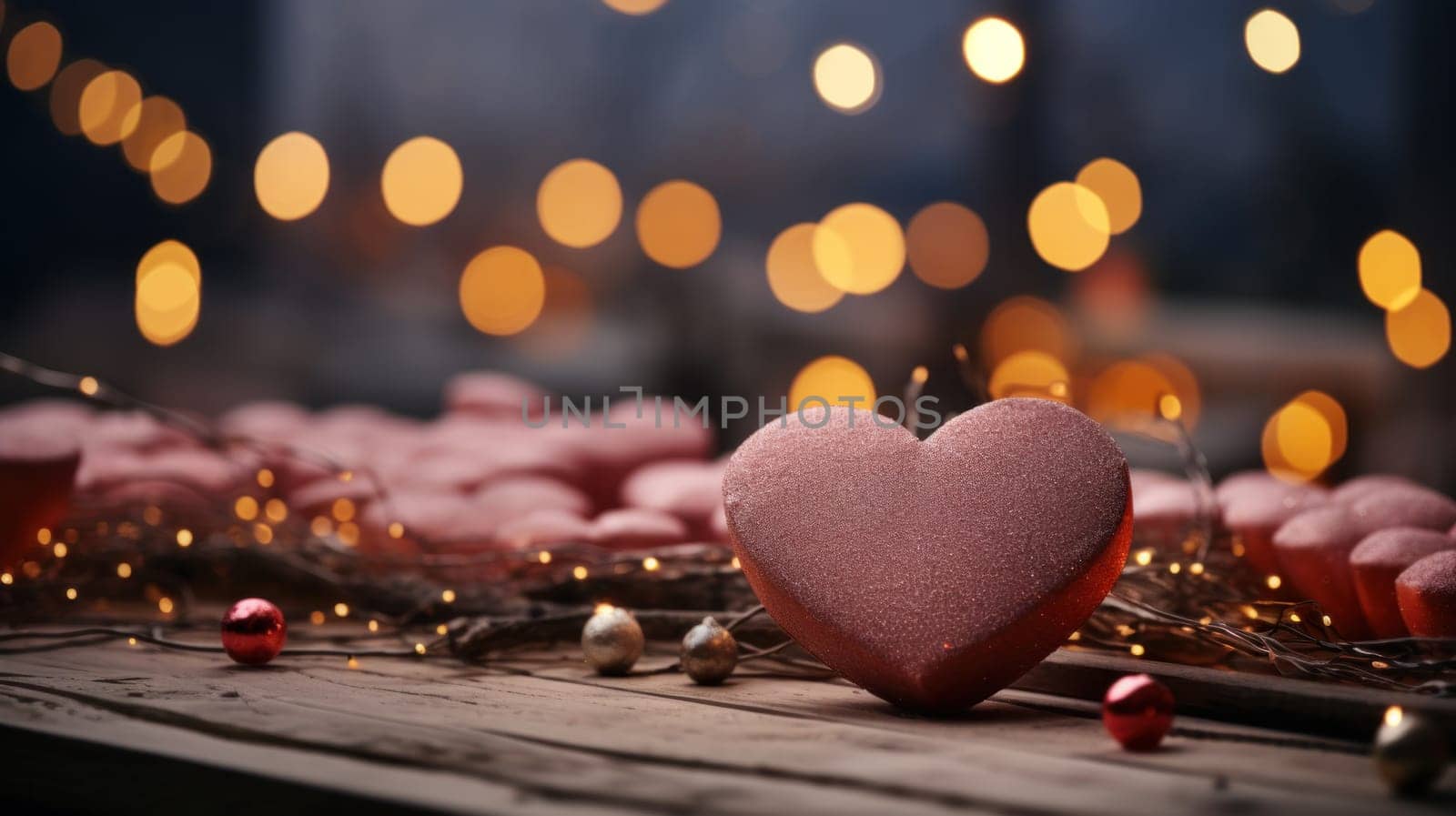 A bunch of hearts are sitting on a table with lights around them