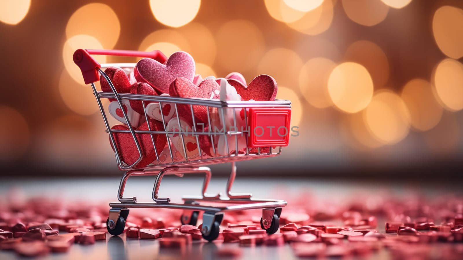 A small shopping cart filled with hearts and candy on a table