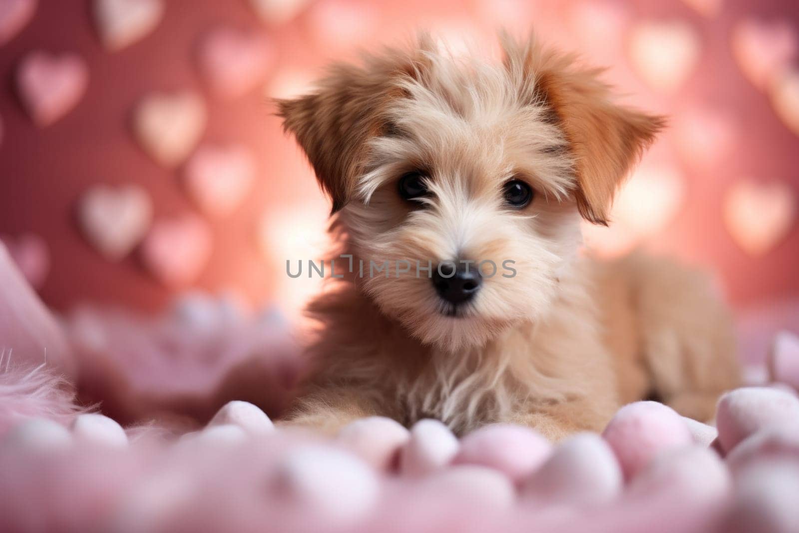 A small dog laying on a pink background with hearts