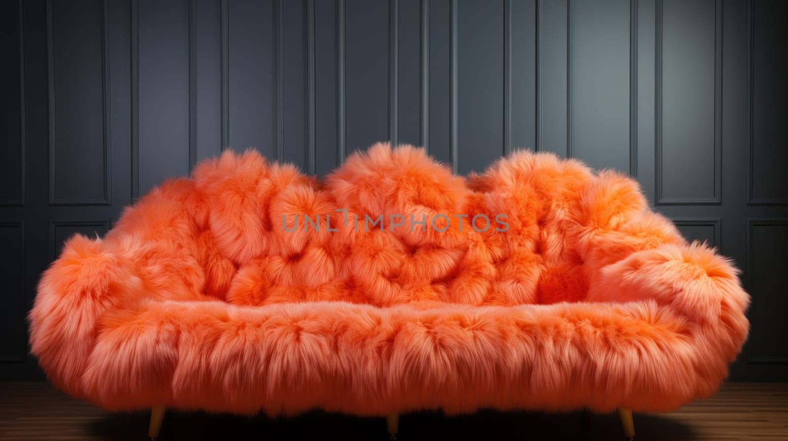 A fuzzy orange couch sitting on a wooden floor in front of a dark wall