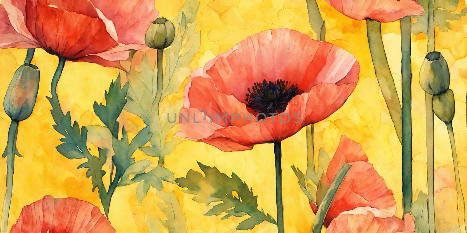 Red flowers, poppy. Watercolor drawing. Generative AI. High quality photo