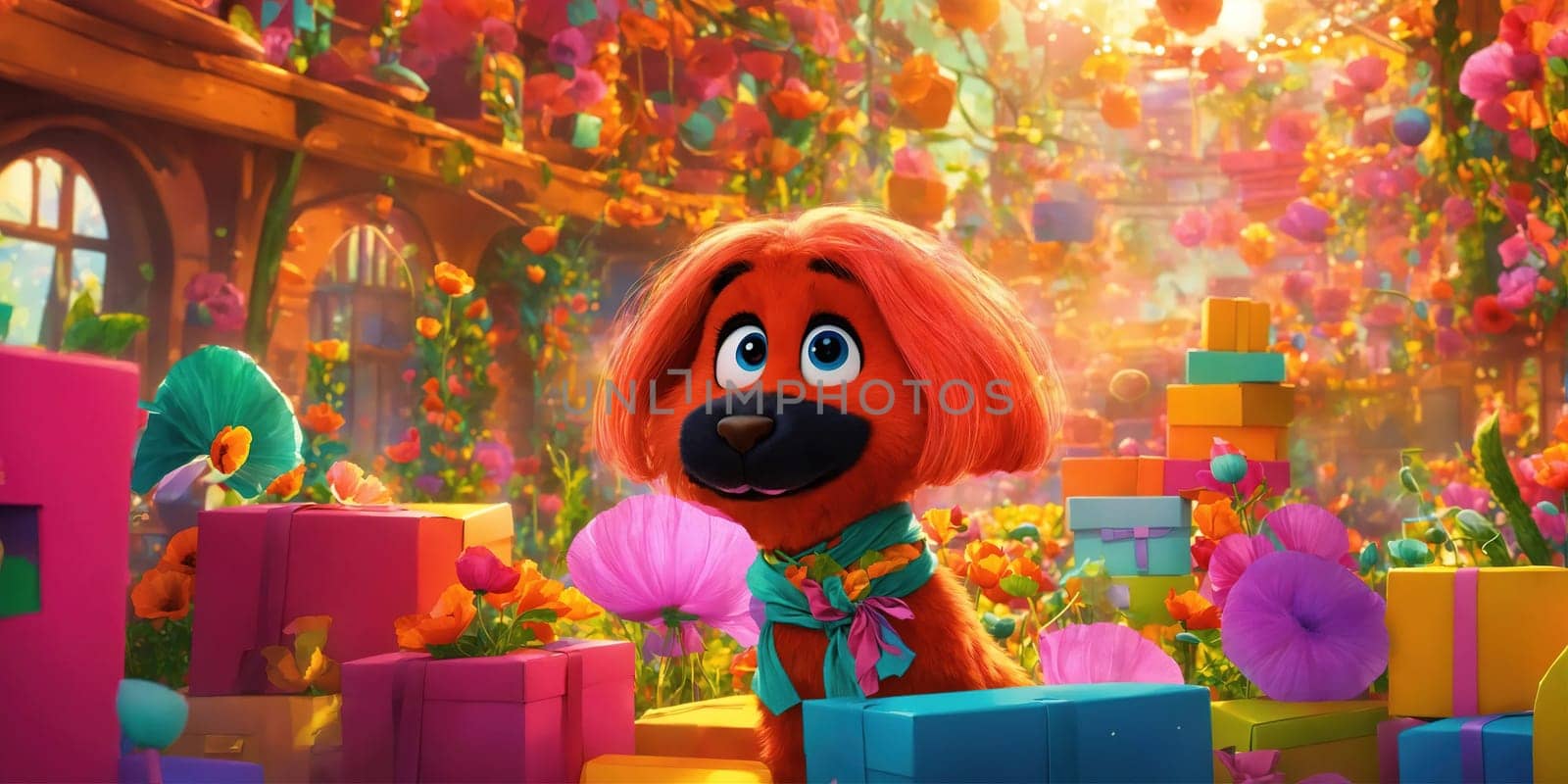 Cartoon dog on a background of flowers and gifts. Generative AI. High quality photo