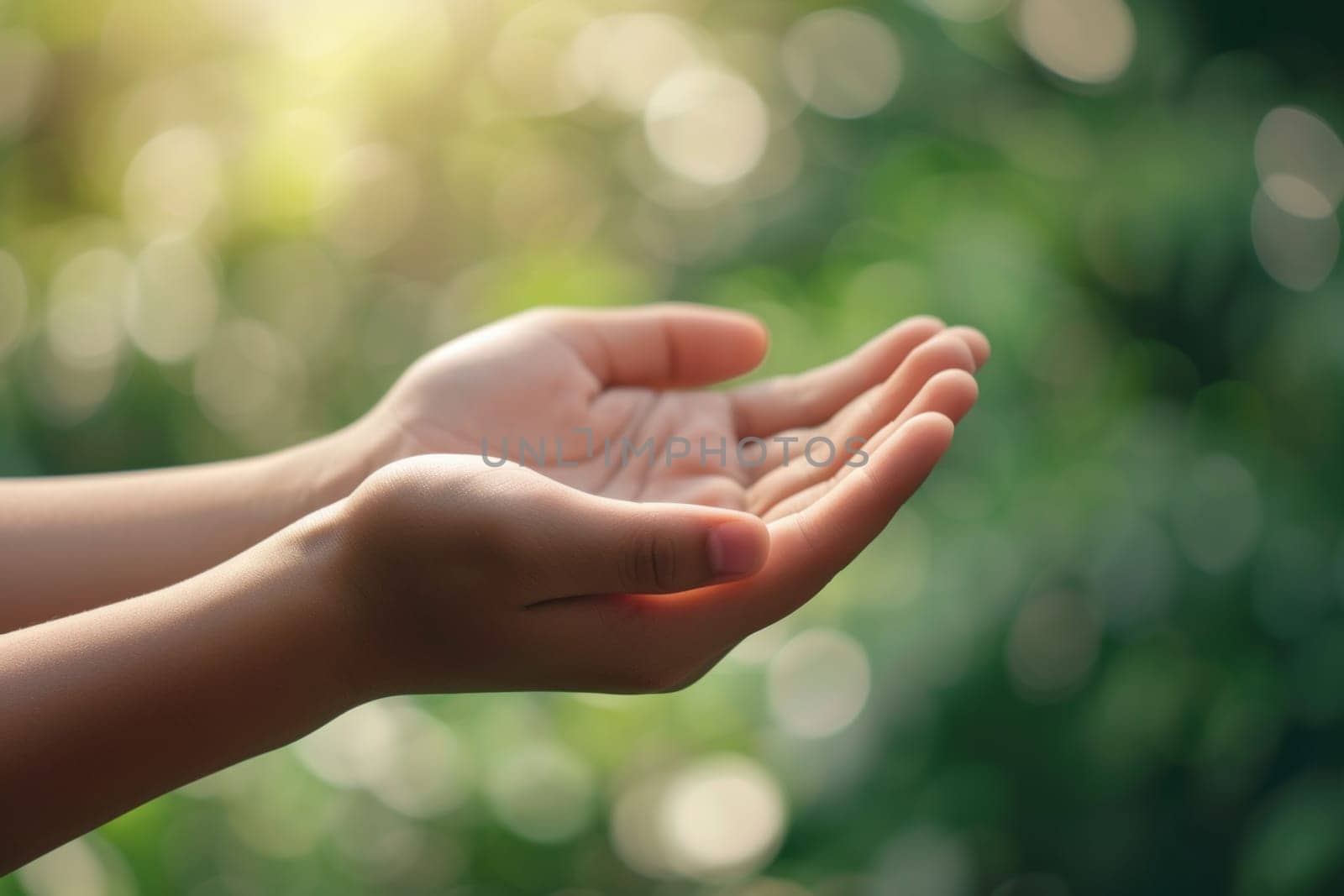 Side view of hands offering charity and support to the needy, ramadan concept isolated on green nature background by papatonic