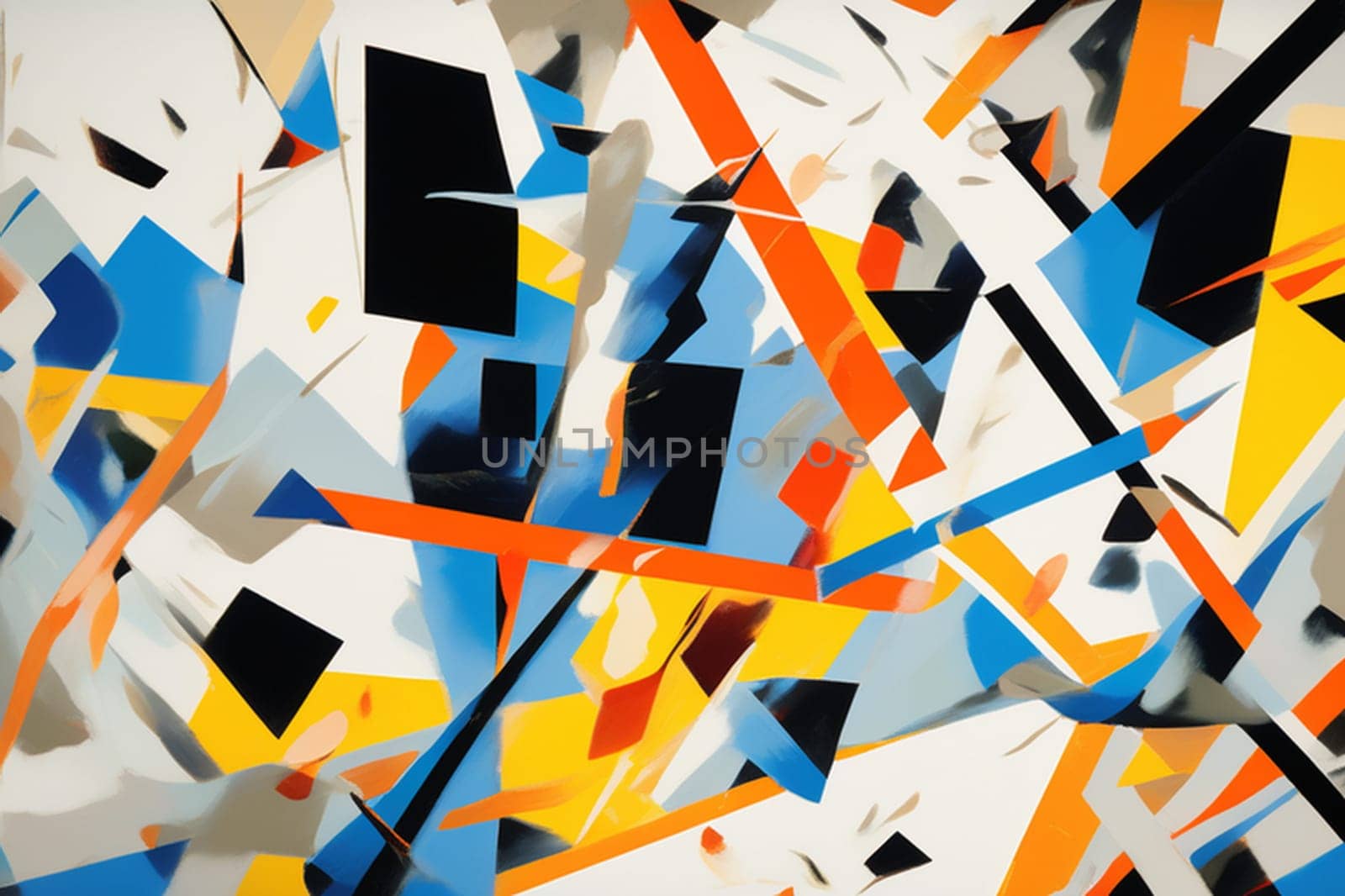 A vibrant abstract painting featuring triangles and rectangles in various shades of orange on a white background