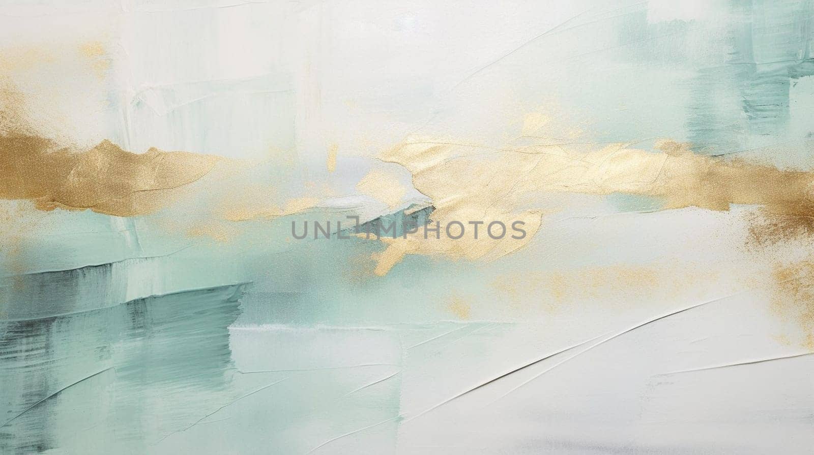 An abstract painting with soft pastel green and white hues accented by dynamic gold elements creating a tranquil, yet luxurious impression
