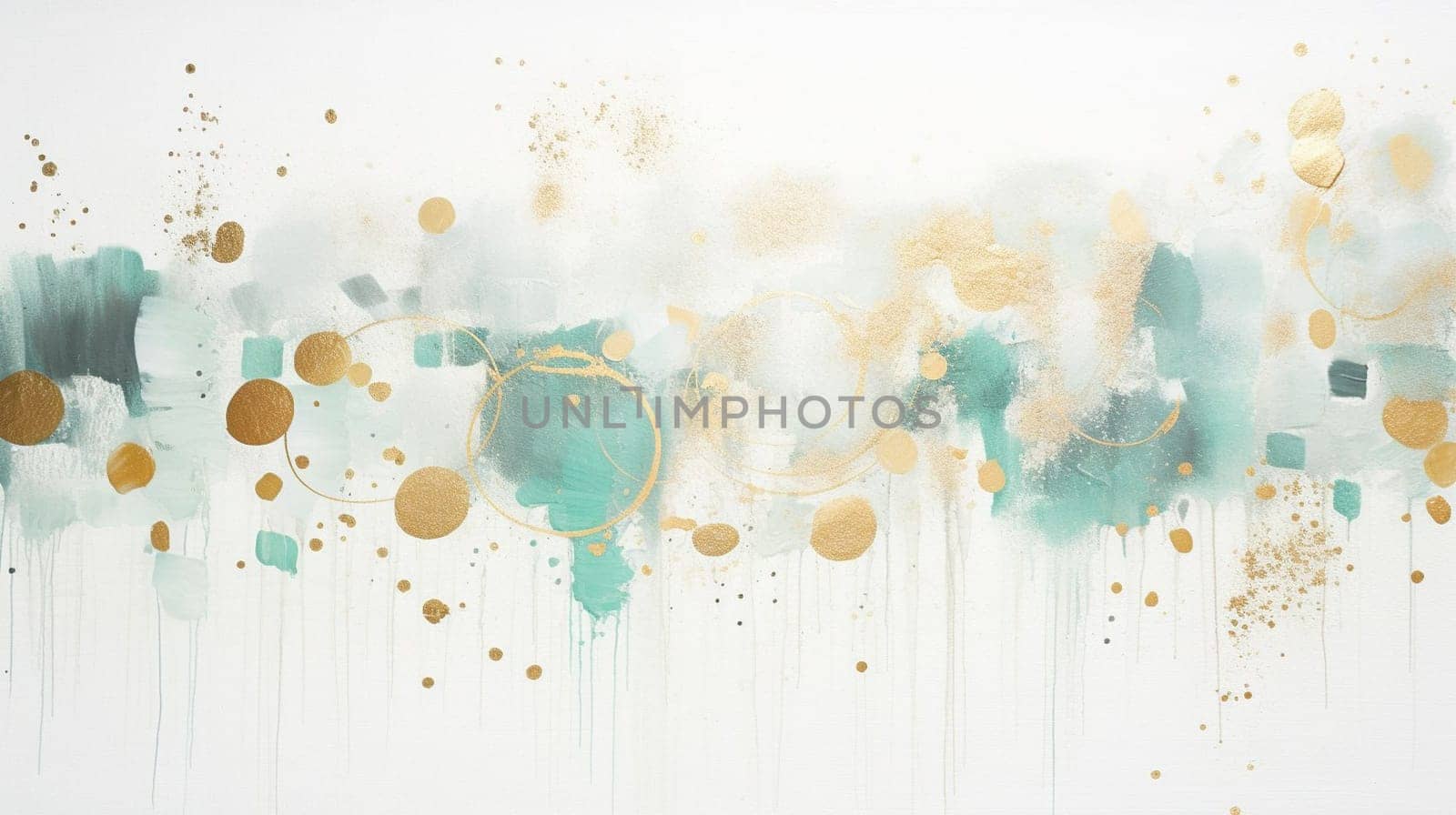 Background with abstract paint mixing effect. Liquid acrylic that flows and splashes. Mixed paints for interior poster, design. Green, gold and white color