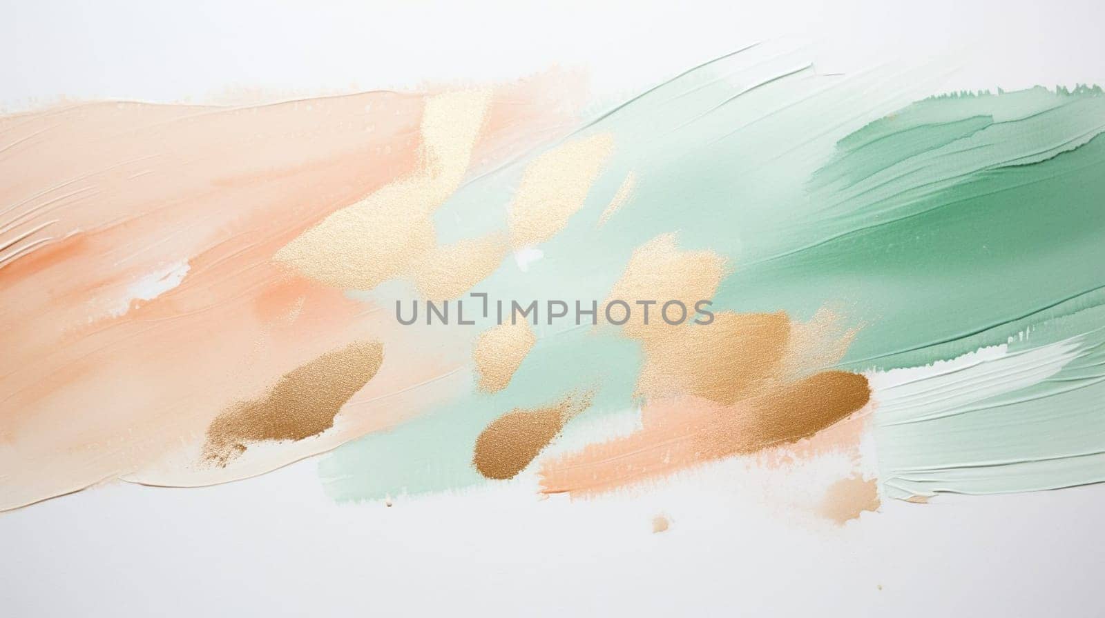 An abstract painting with gentle strokes of pastel green, peach, and gold hues blending softly on a textured canvas, evoking a sense of calmness. High quality photo