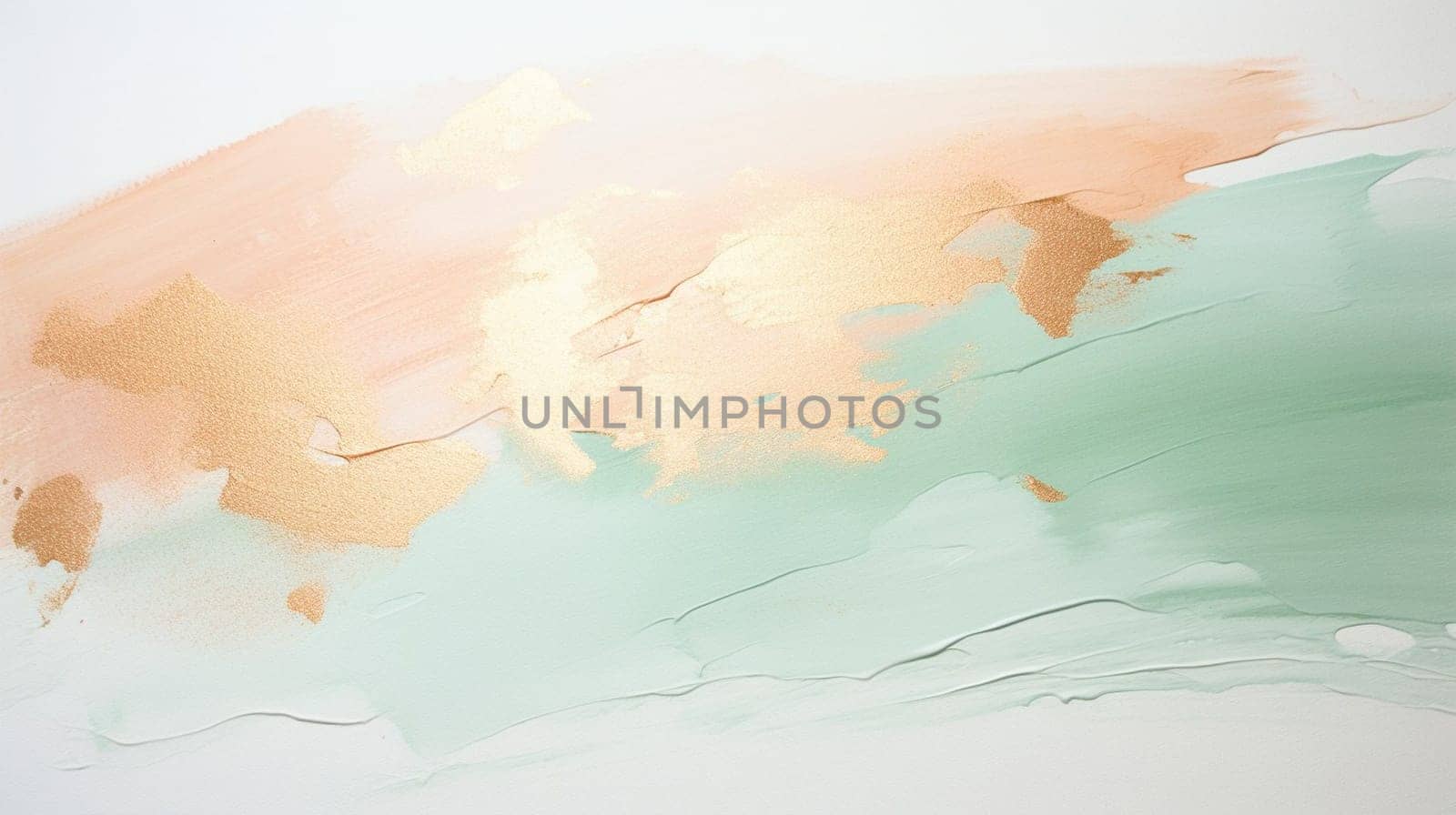 An abstract painting with gentle strokes of pastel green, peach, and gold hues blending softly on a textured canvas, evoking a sense of calmness. High quality photo