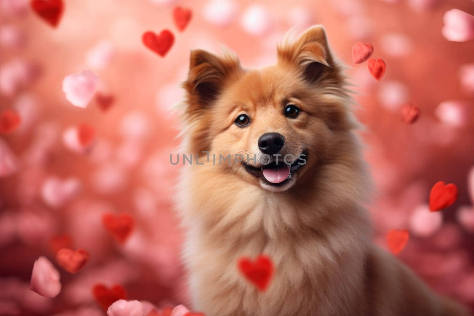 A dog is surrounded by hearts in a pink background