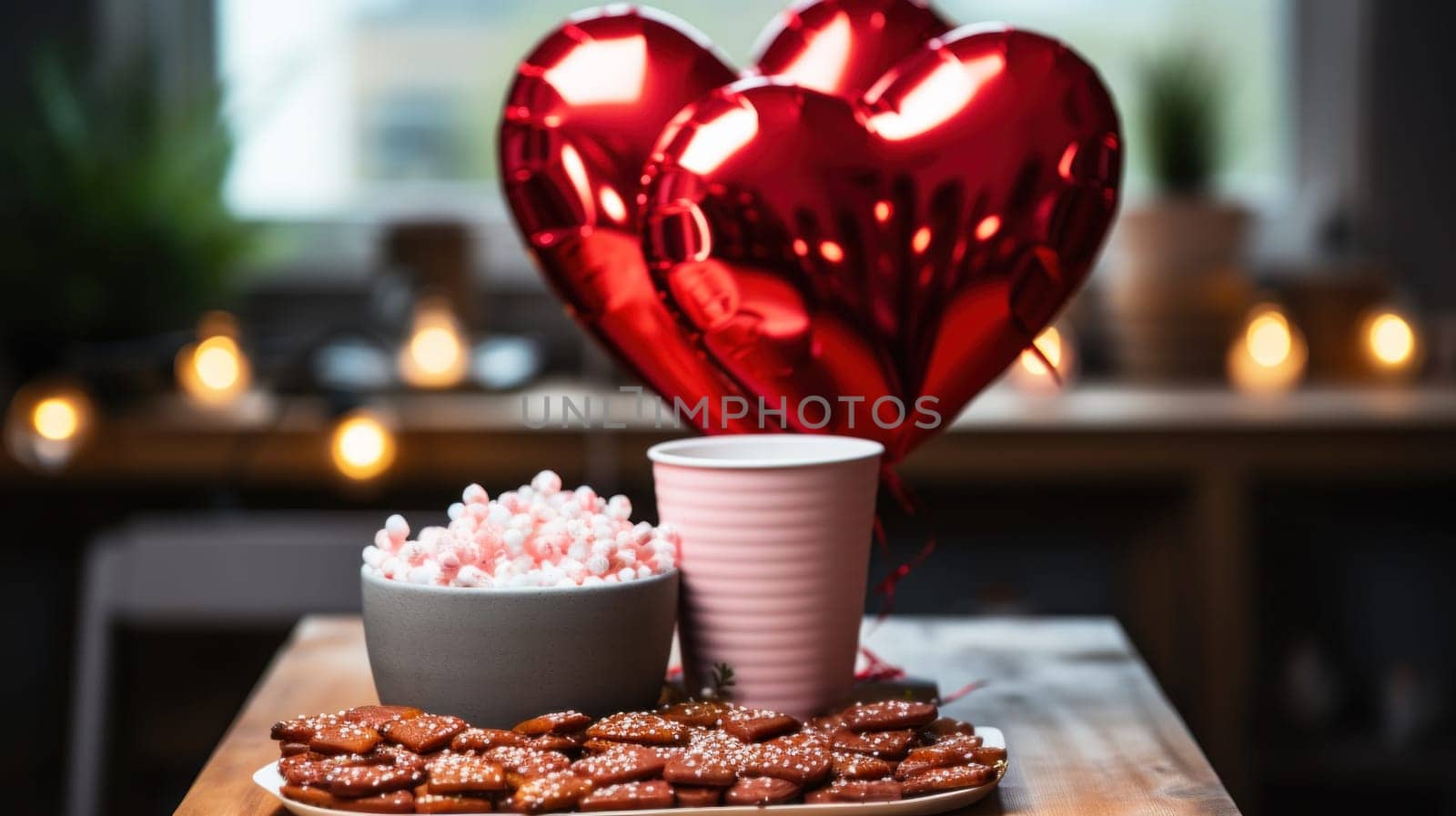 A table topped with a plate of cookies and two red balloons