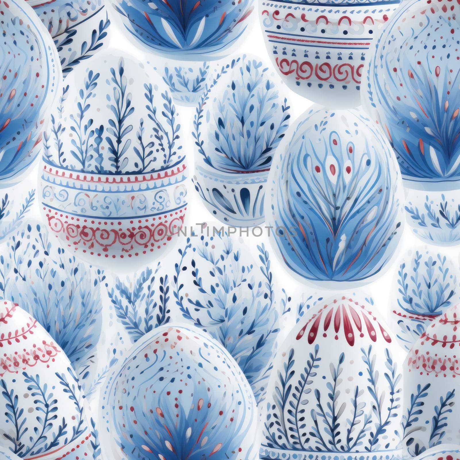 A pattern of blue and red painted eggs with a white background, AI by starush