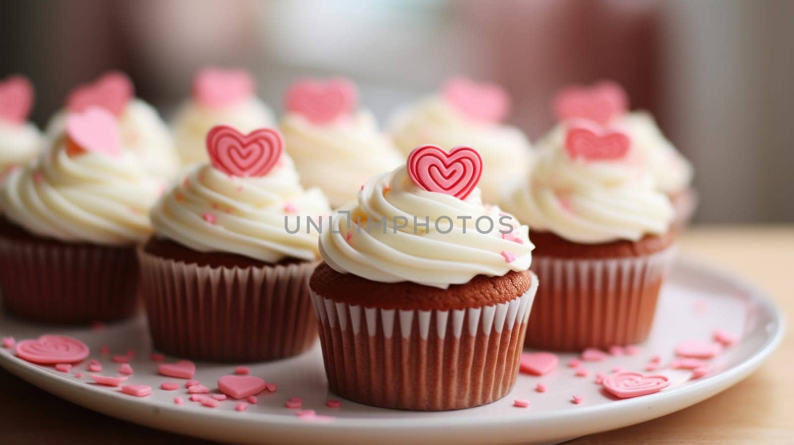 A plate of cupcakes with hearts on top are sitting in a bowl