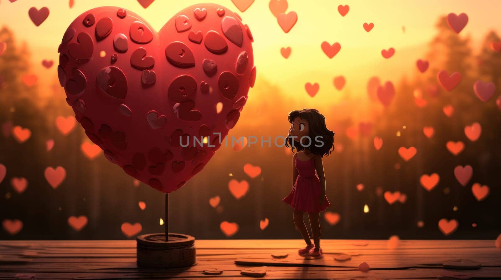 A girl standing in front of a large heart shaped object