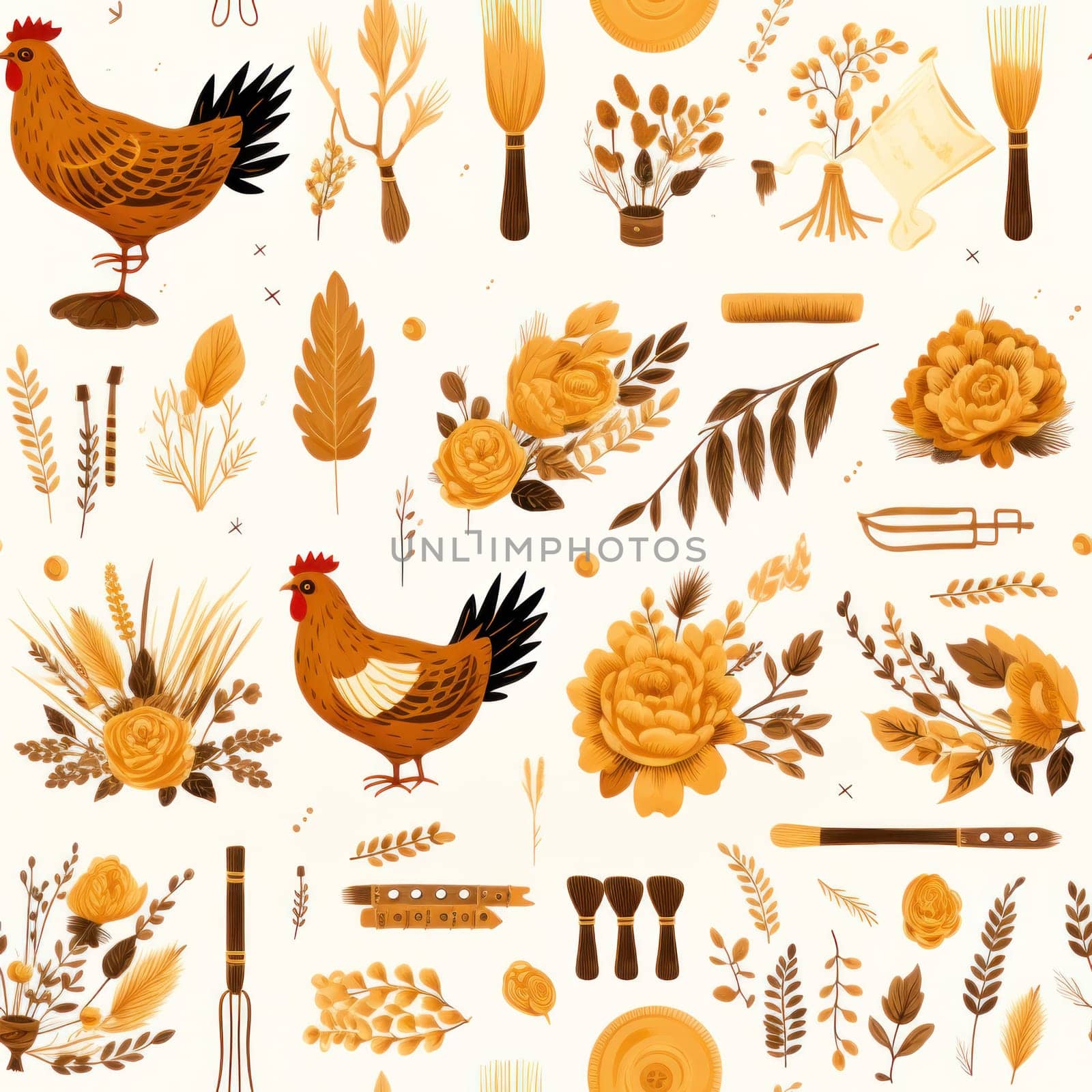 A pattern of a chicken and flowers on white background