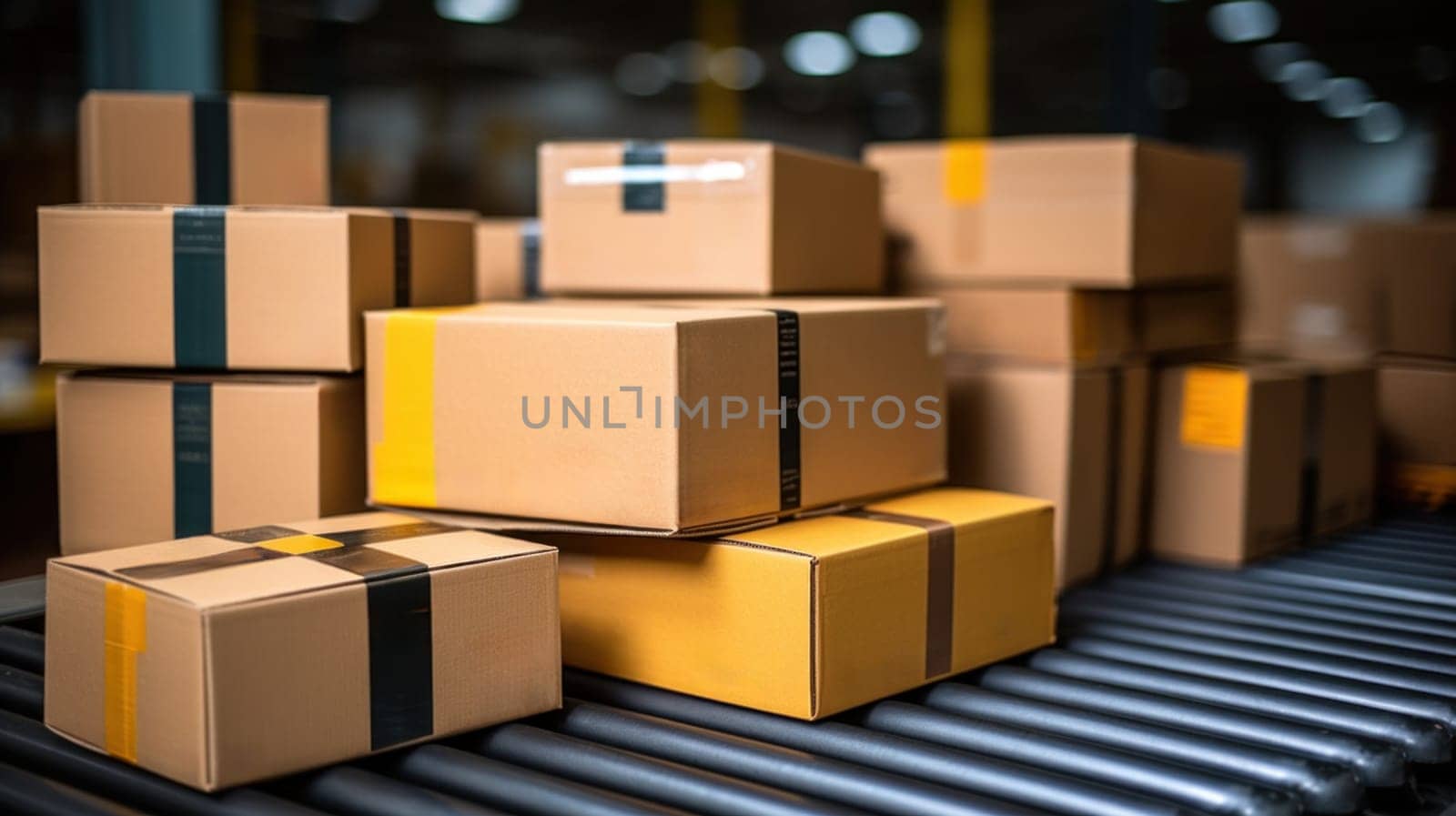 A conveyor belt with boxes stacked on it in a warehouse
