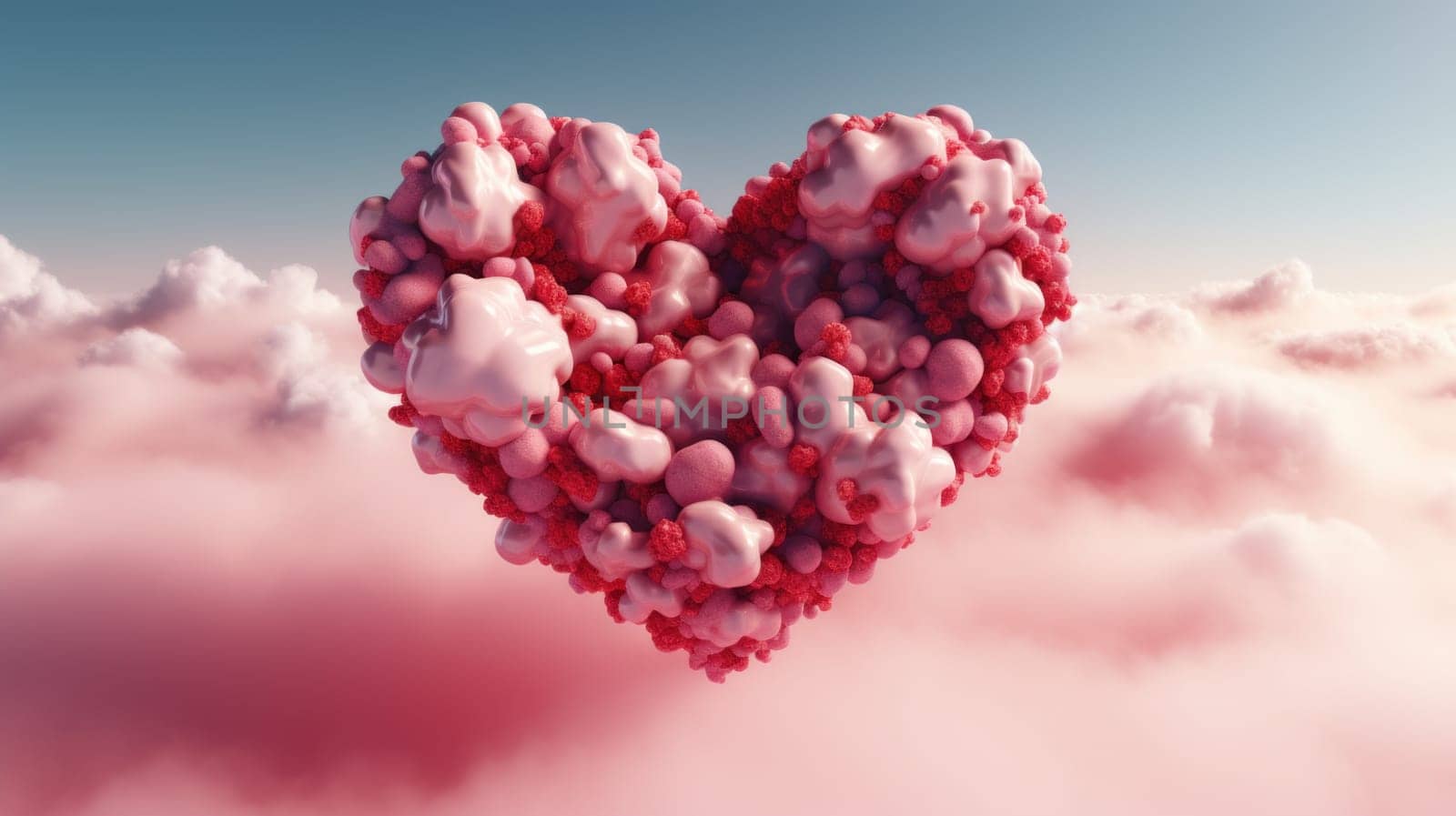 A heart shaped cloud with pink and white flowers in it