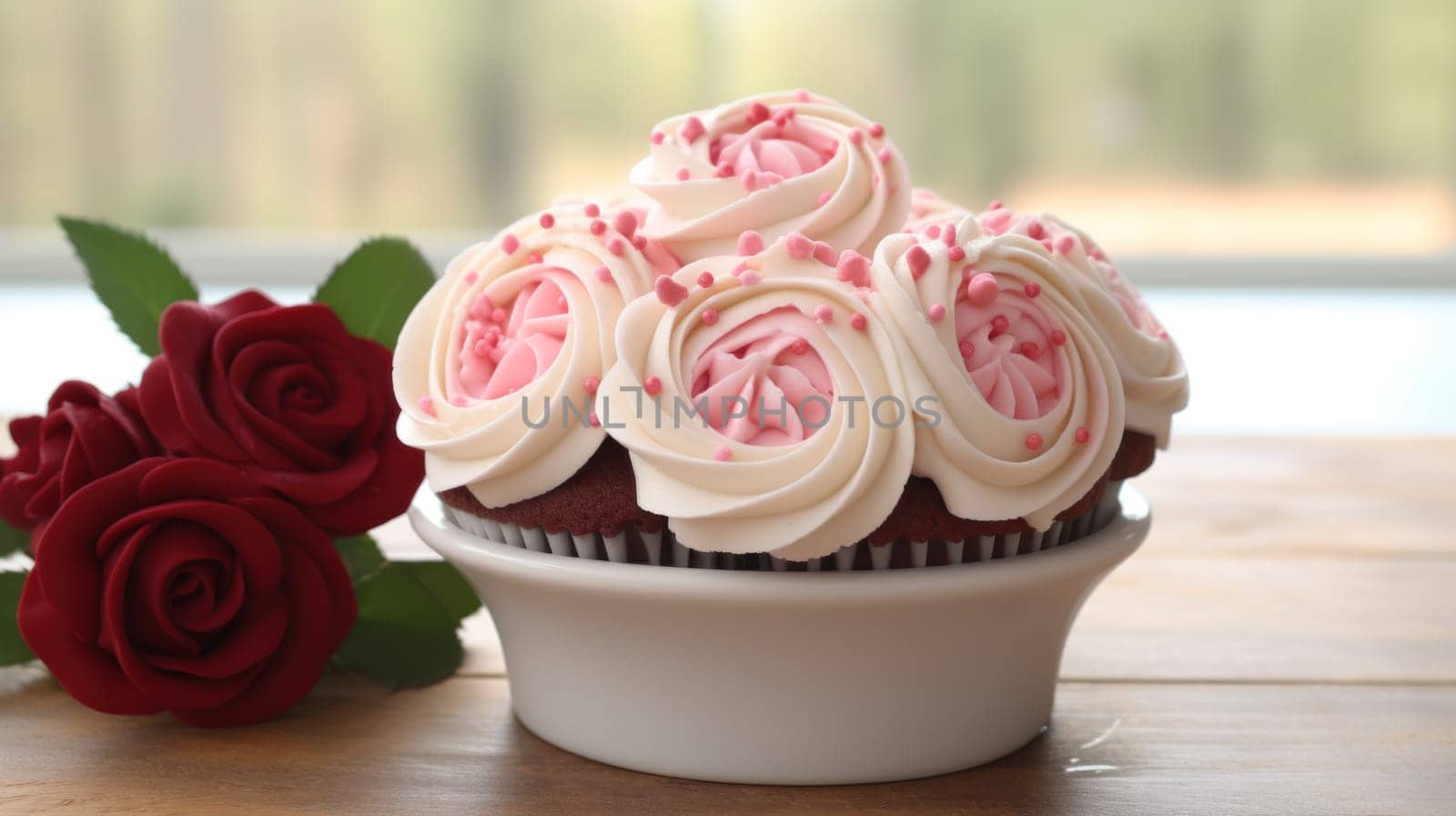 A cupcake with roses on a table next to it