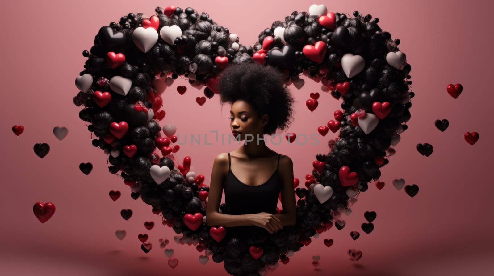 A woman with afro hair surrounded by hearts and balloons