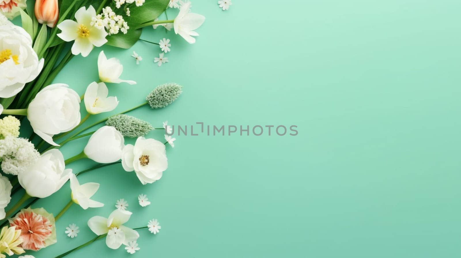 A variety of fresh flowers on a pastel green background, leaving space for text. by kizuneko