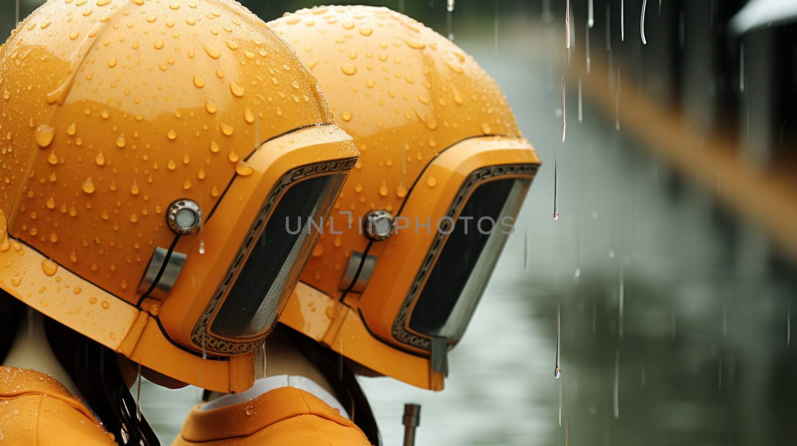 Two people wearing yellow helmets standing in the rain, AI by starush