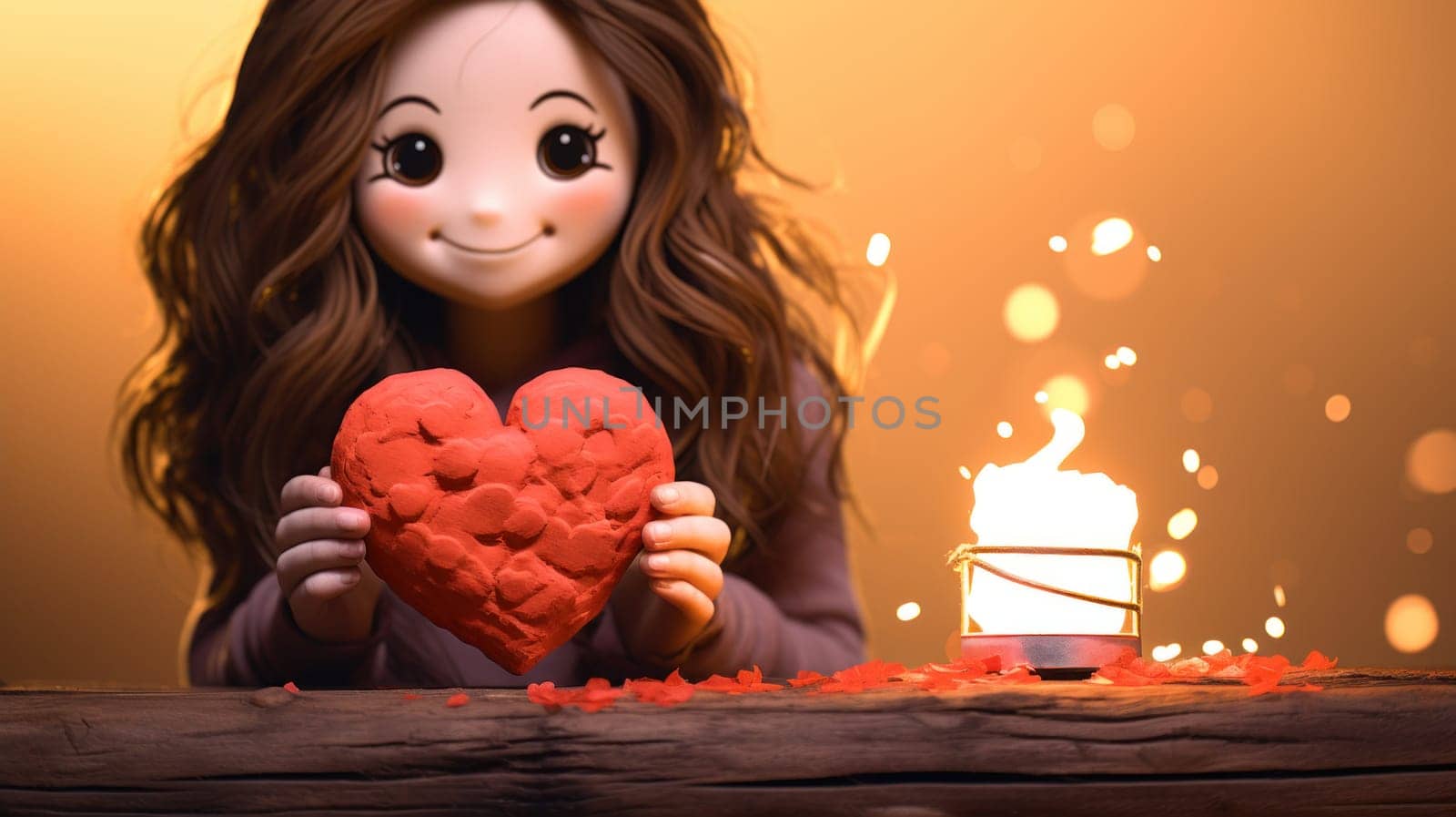 A girl holding a heart shaped object with her hand